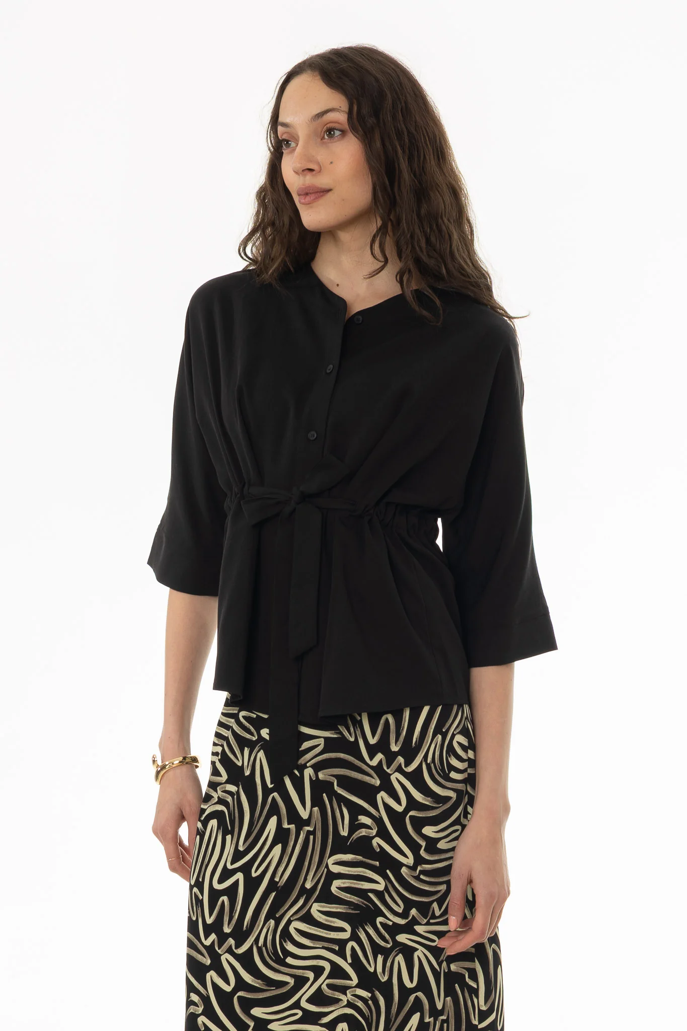 Black 3/4 Sleeve Tie Blouse - Image 3