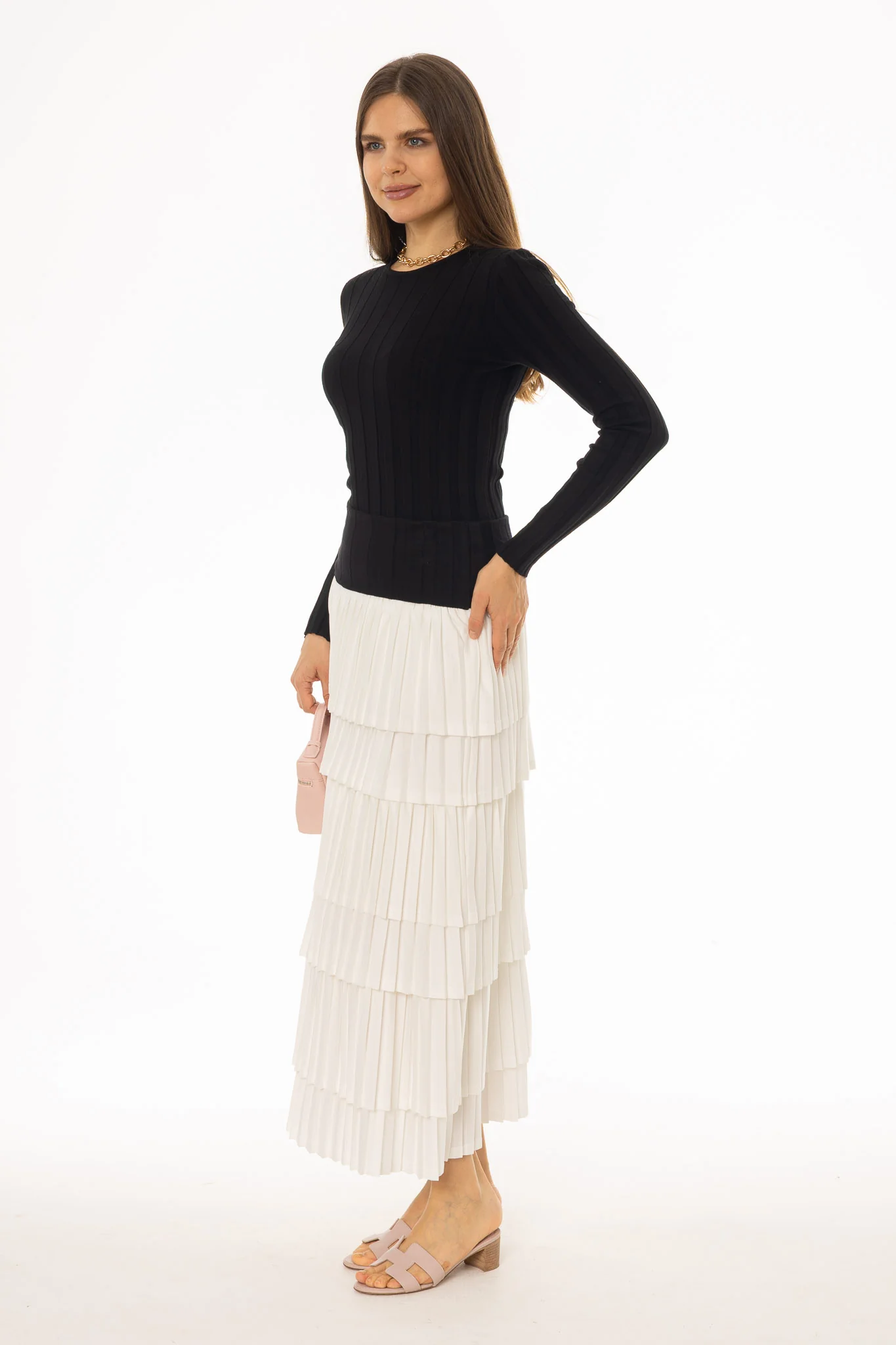 Black Accordion Pleat Ruffle Maxi Skirt - Image 3
