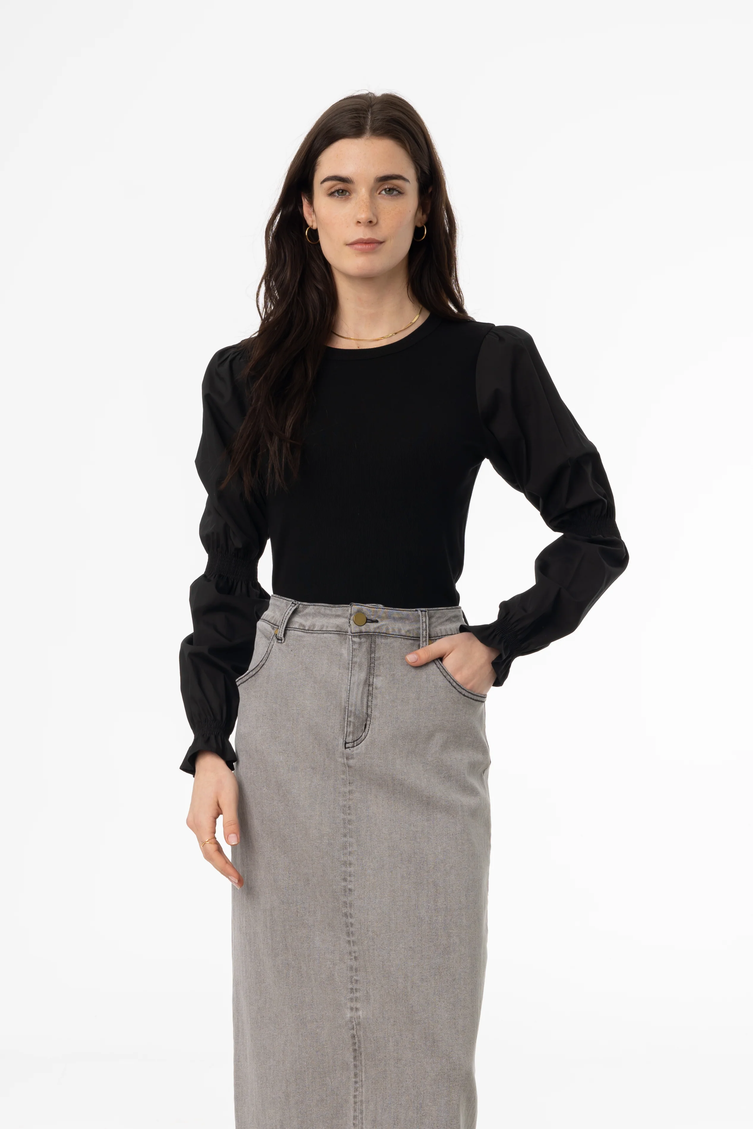 Black Combo Gathered Sleeve T-Shirt - Image 4