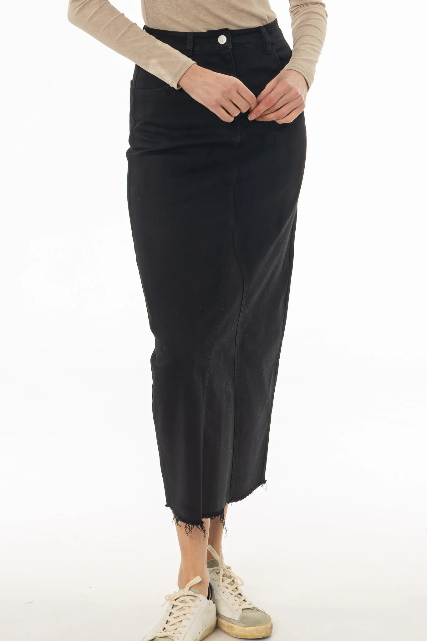 Black Contrast Denim Maxi Skirt - Image 2