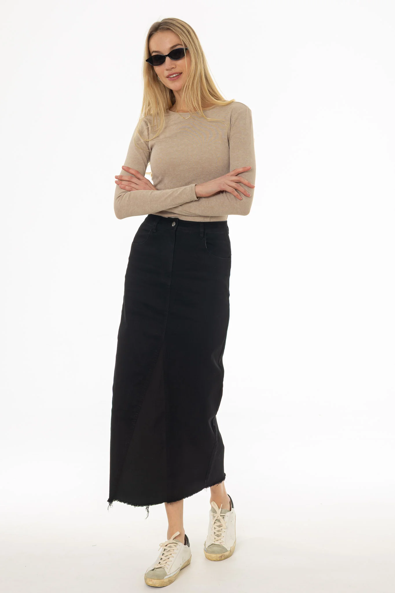 Black Contrast Denim Maxi Skirt - Image 5