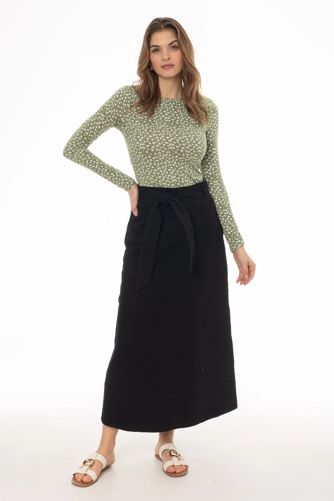 Black Denim Belted A-Line Maxi Skirt - Image 5