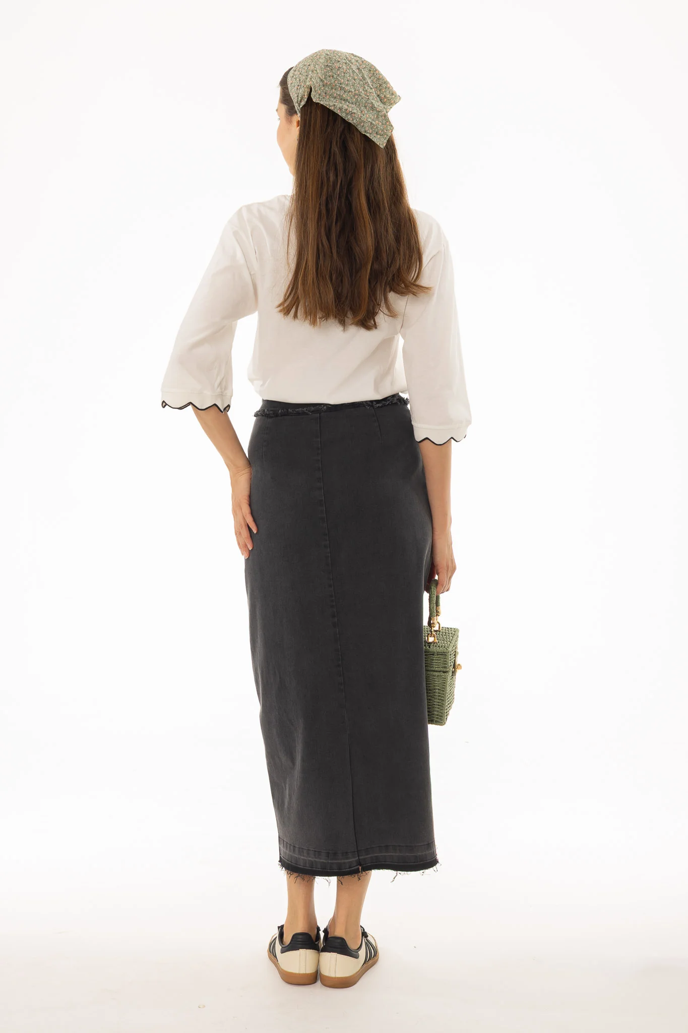 Black Denim Pocket Fringe Maxi Skirt - Image 4
