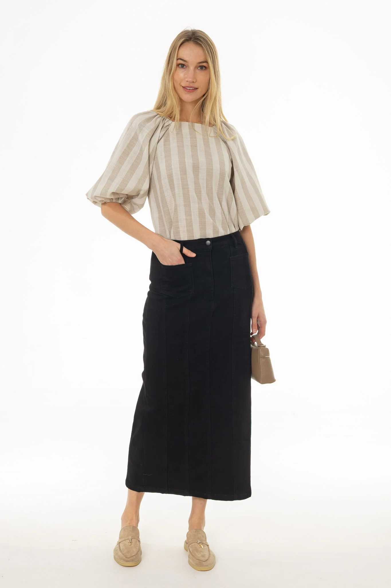 Black Denim Pocket Seam Maxi Skirt