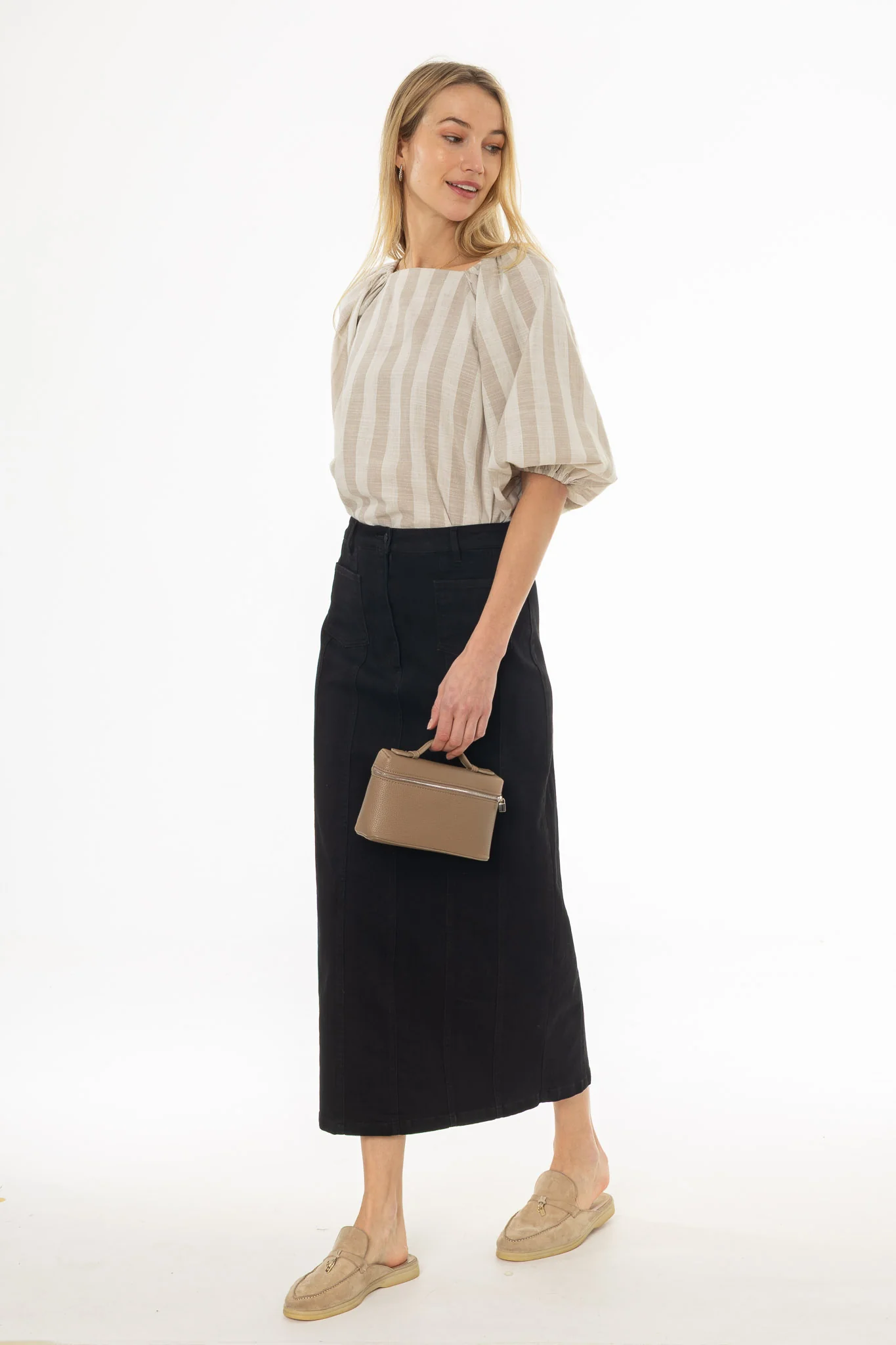 Black Denim Pocket Seam Maxi Skirt - Image 3