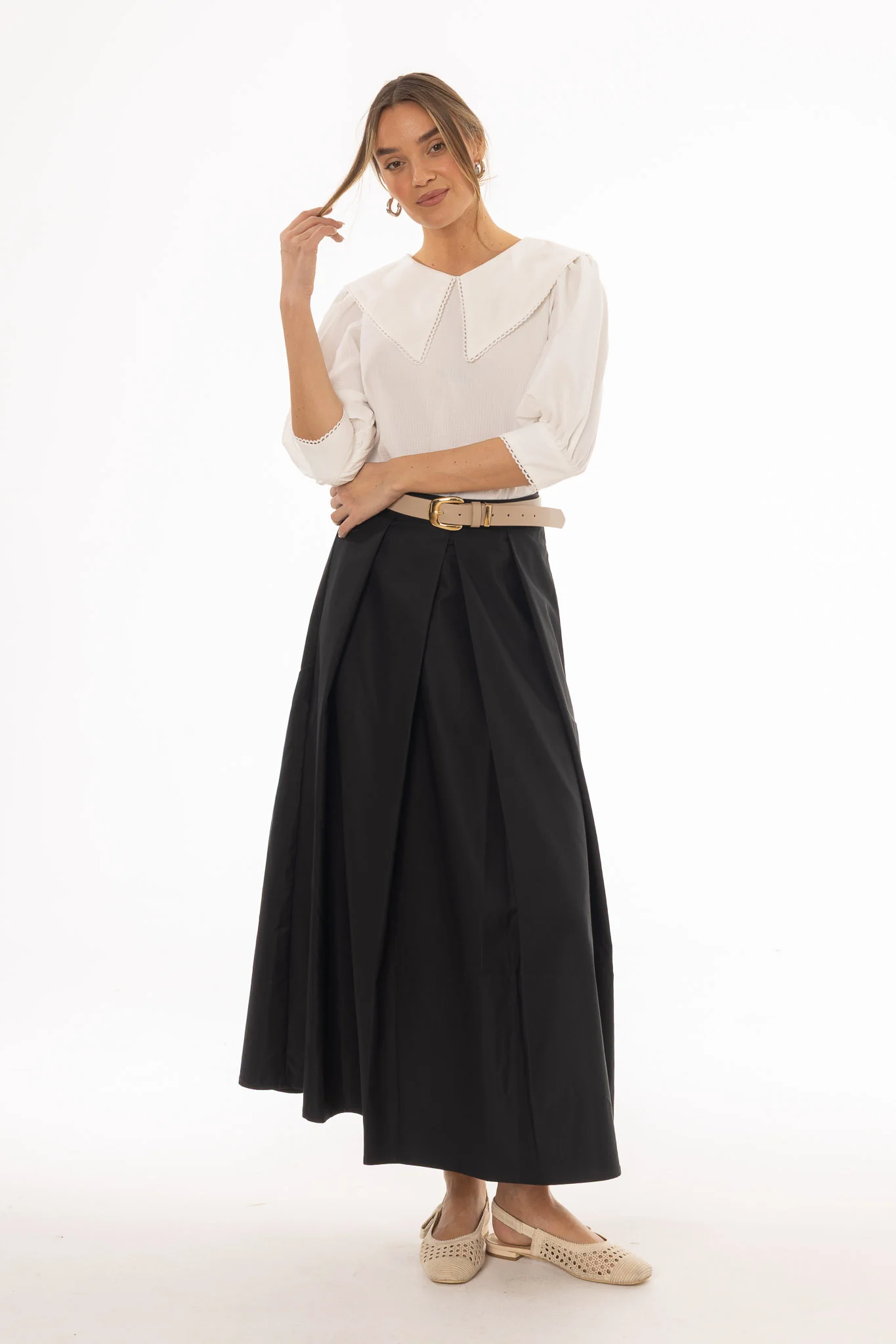 Black Front Pleat Maxi Skirt