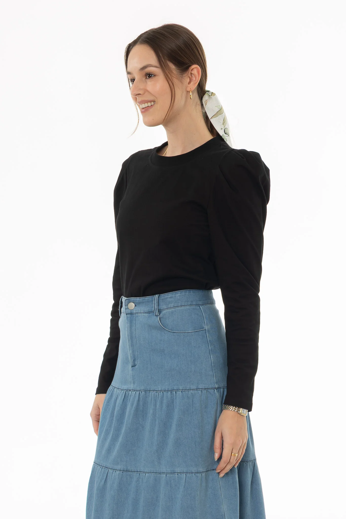 Black Gathered Shoulder T-Shirt - Image 3