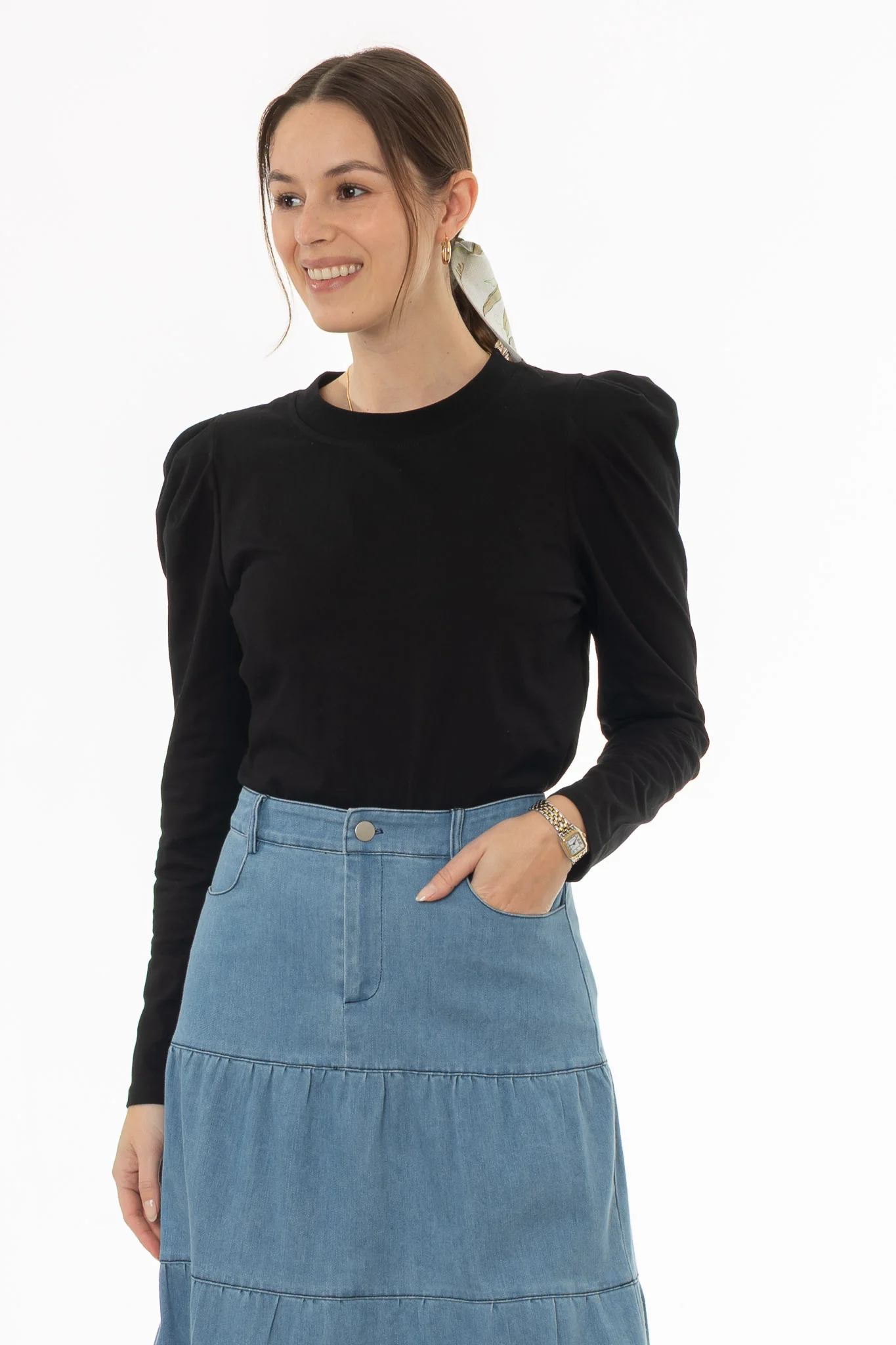 Black Gathered Shoulder T-Shirt - Image 4