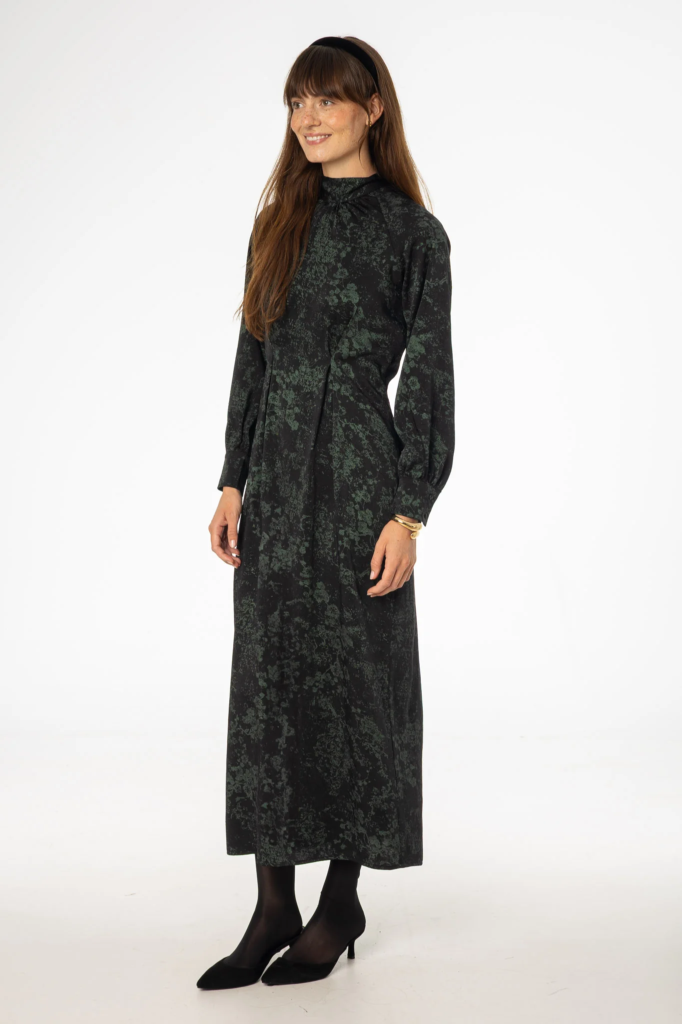 Black & Green Printed Tie Neck Dress - Image 2
