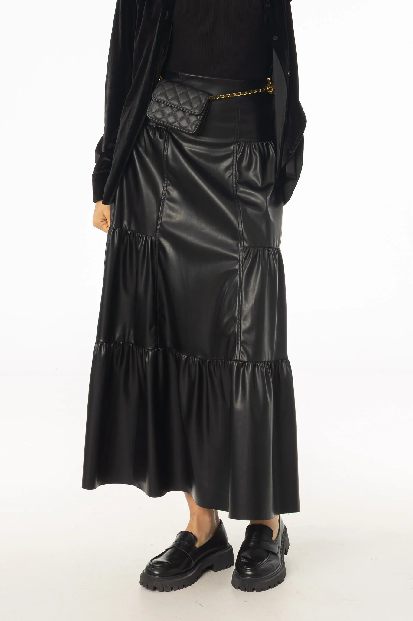 Black Layered Faux Leather Skirt