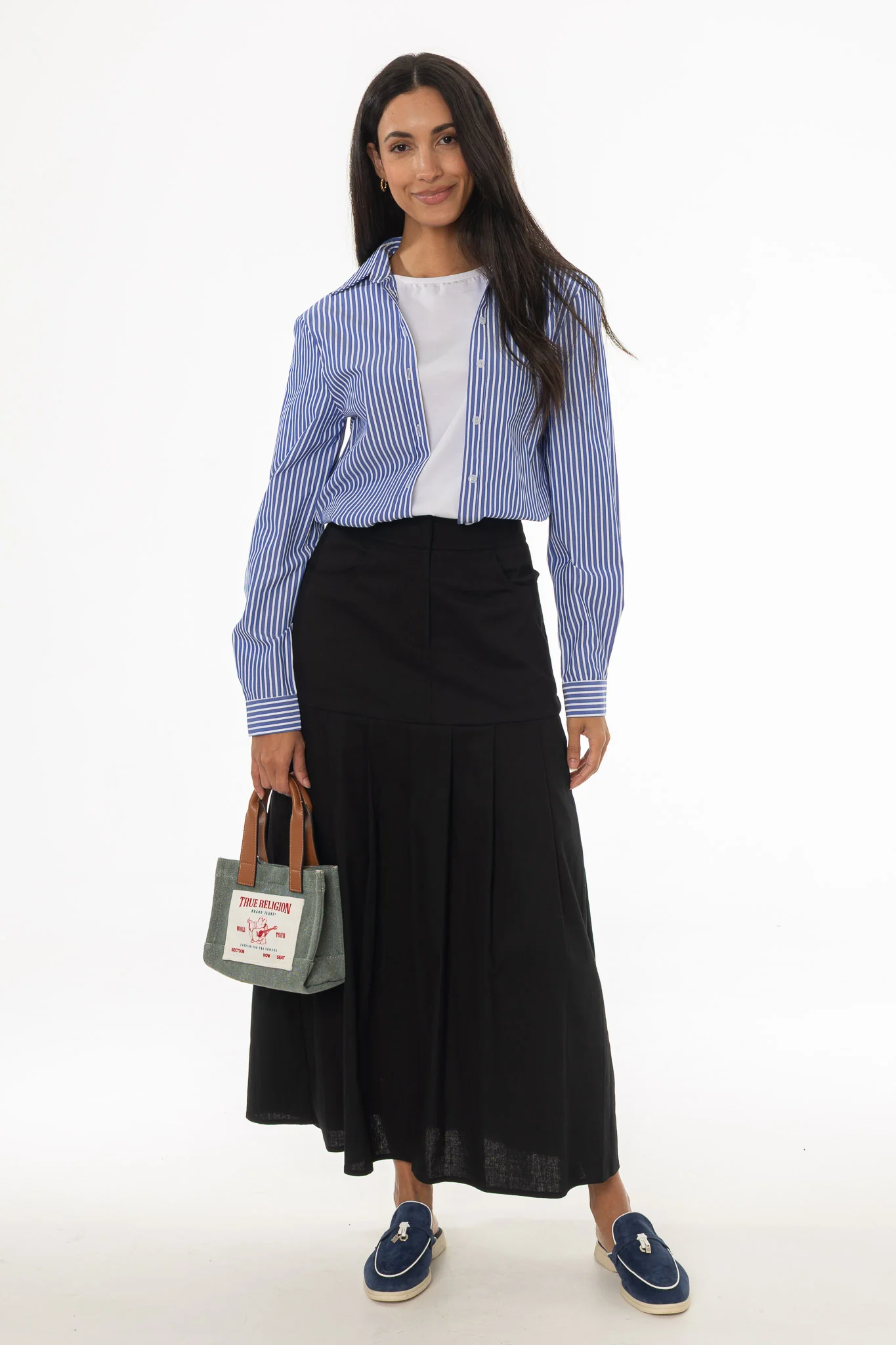 Black Linen Feel Pleated Stretch Maxi Skirt