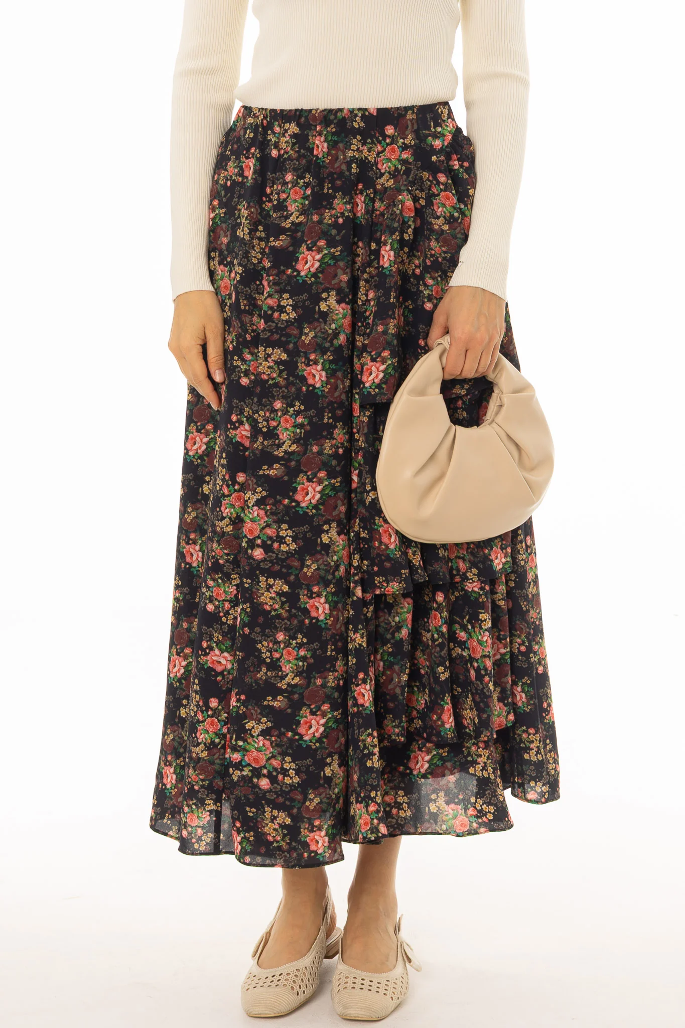 Black Multi Print Side Ruffle Maxi Skirt - Image 2