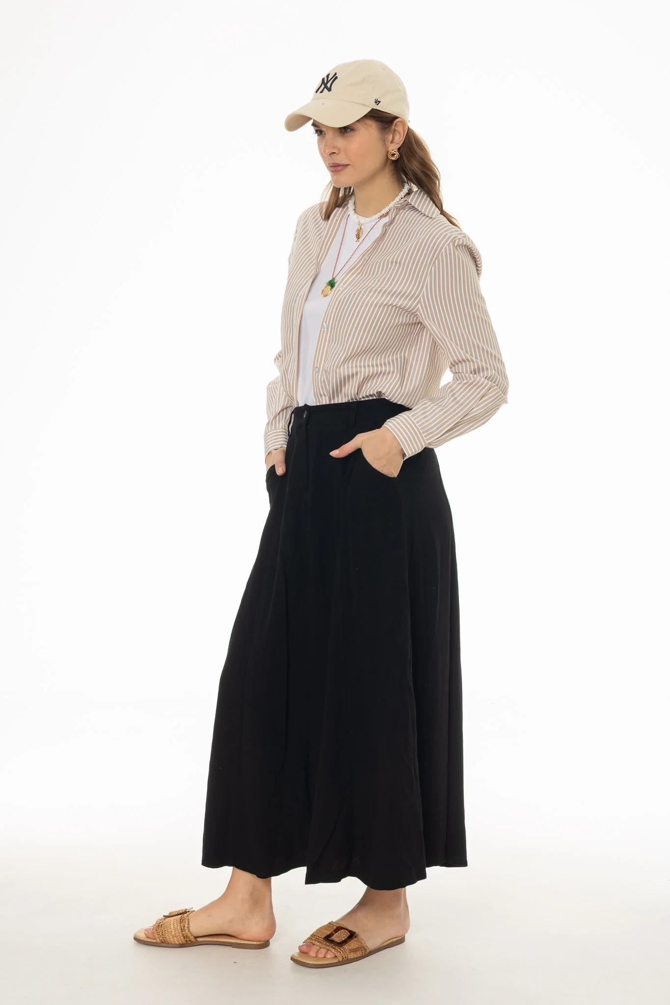 Black Paneled Linen Feel Maxi Skirt - Image 3