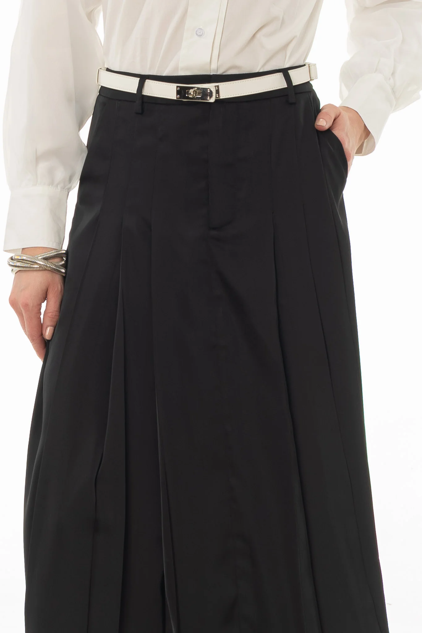 Black Pleated Satin Maxi Skirt - Image 2