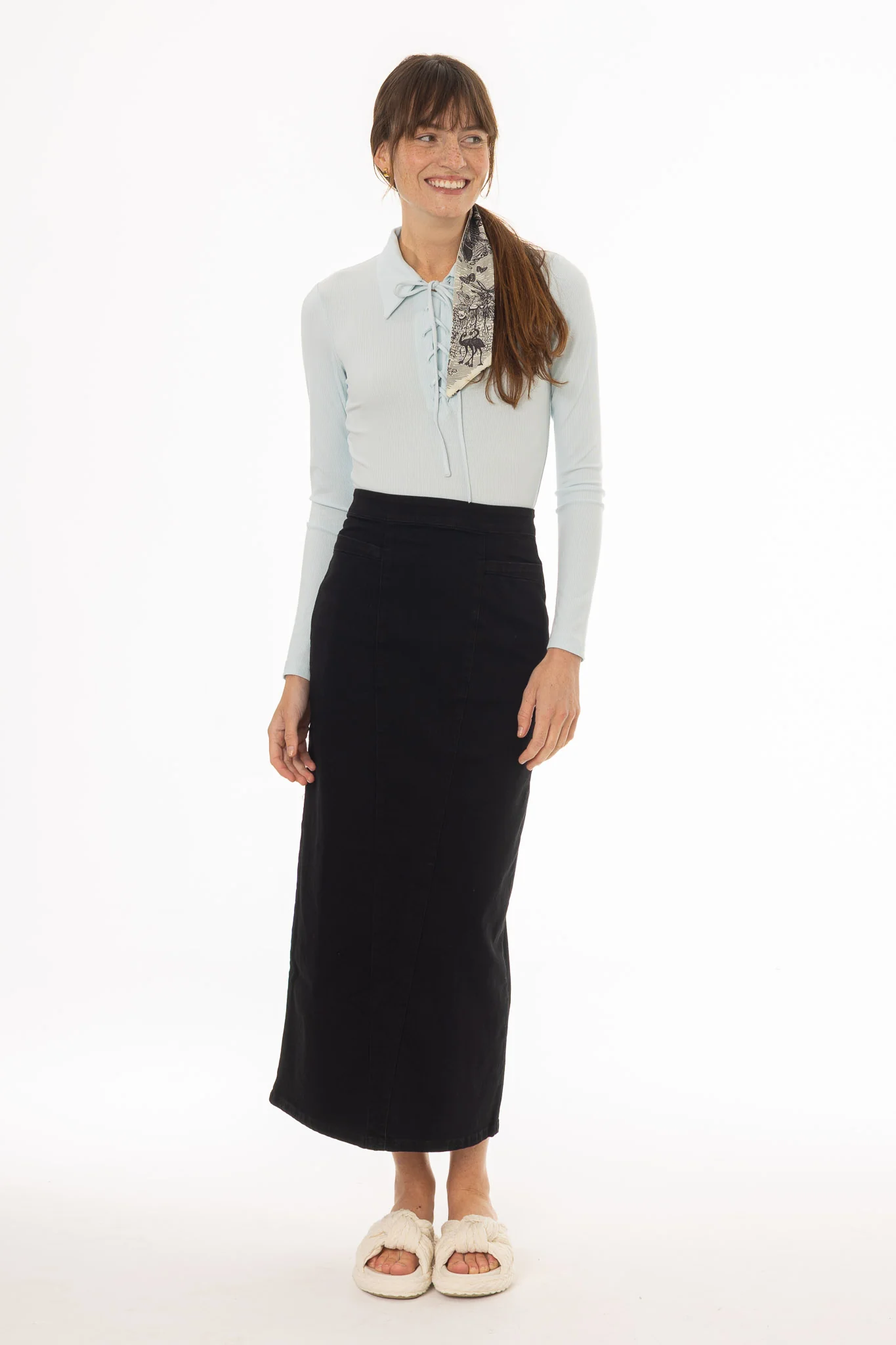 Black Pocket Stretch Denim Maxi Skirt - Image 3
