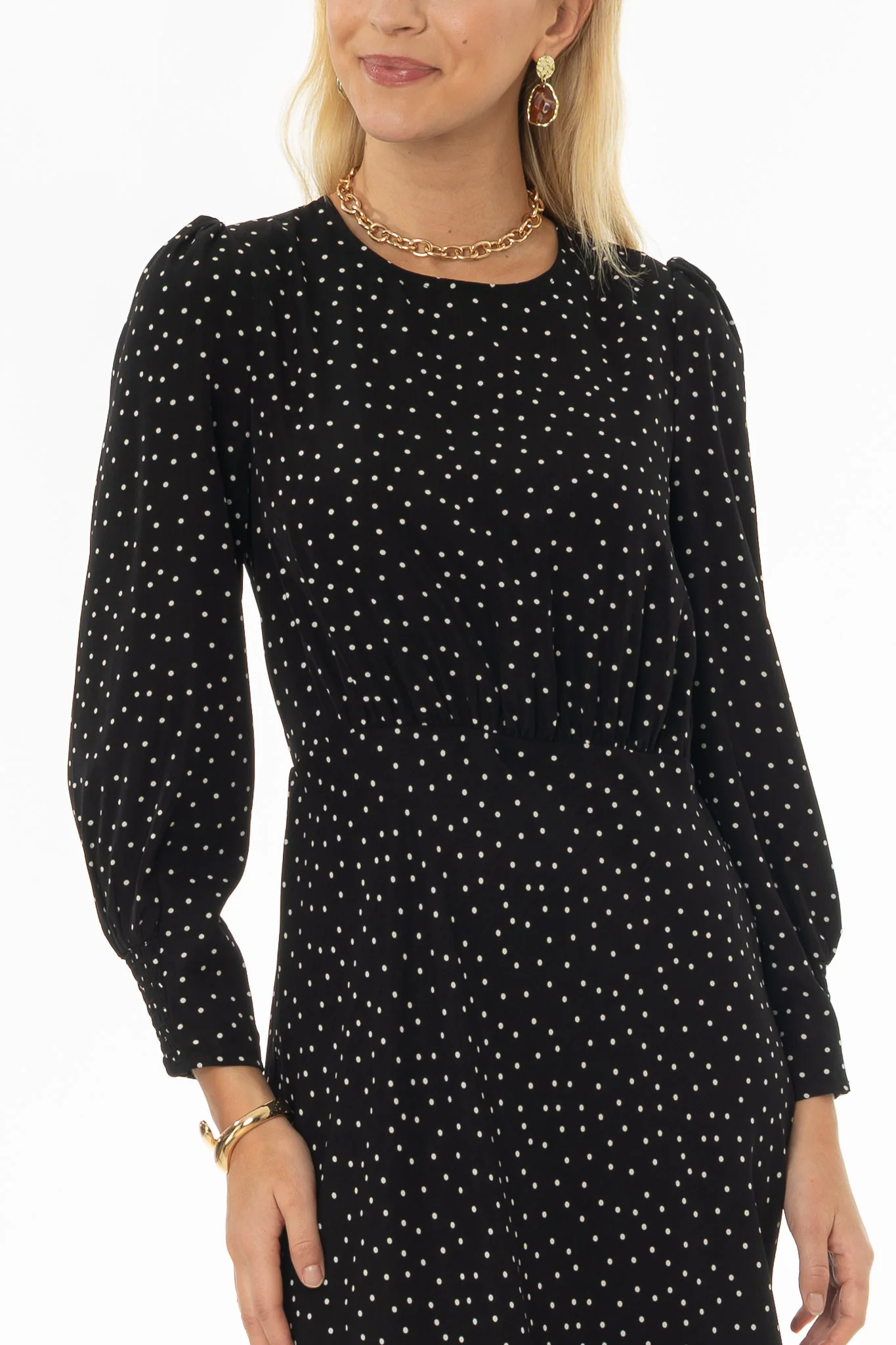Black Polka Dot Printed Waisted Maxi Dress - Image 2