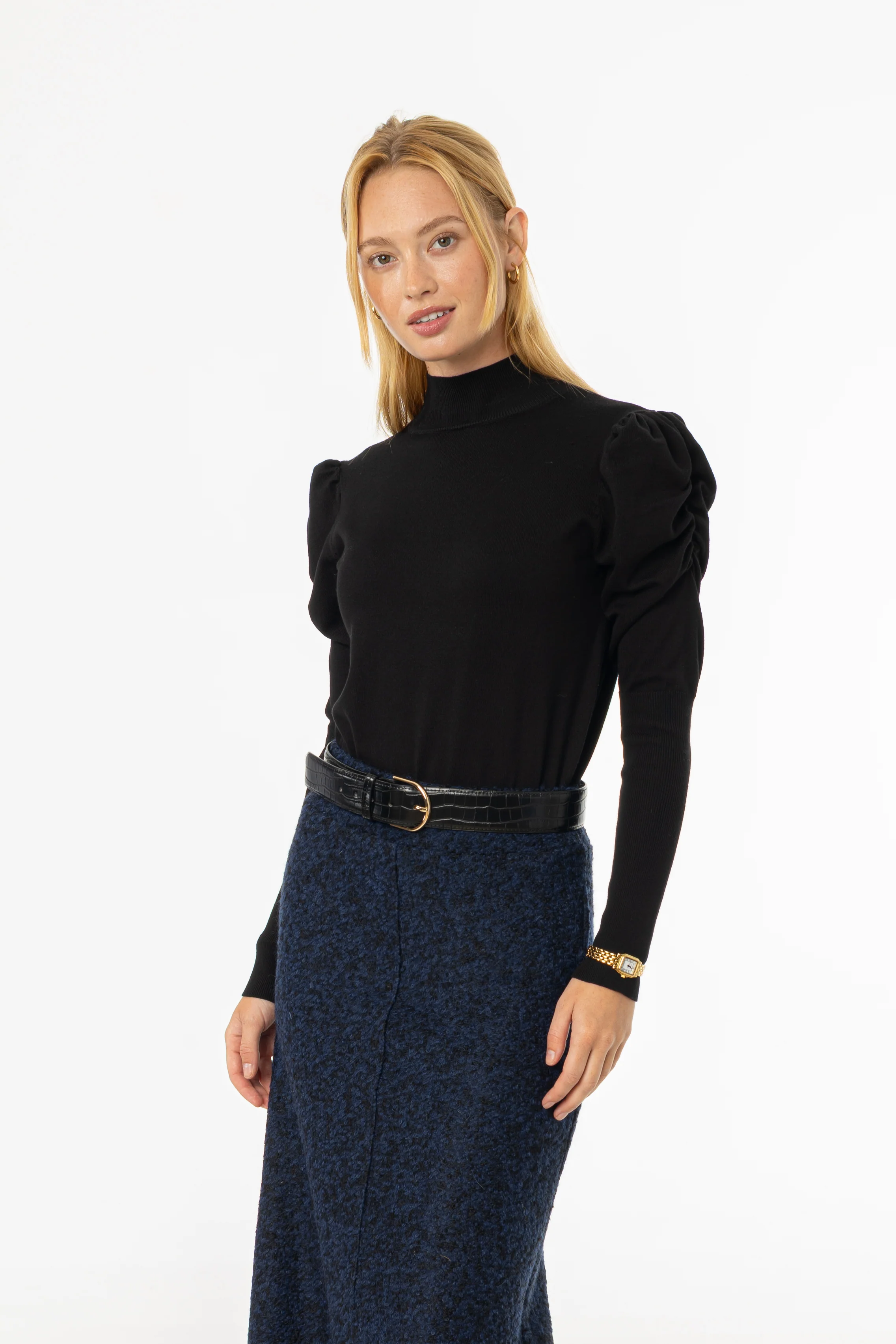 Black Puff Sleeve Knit Turtleneck Sweater - Image 3