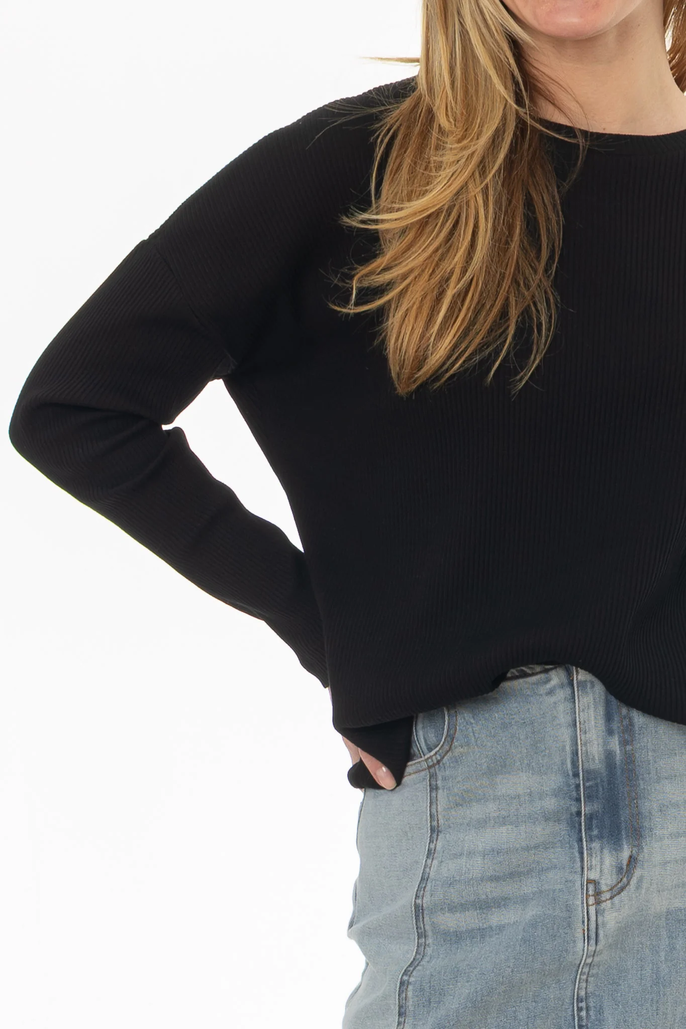 Black Ribbed Dolman Sleeve T-Shirt - Image 2