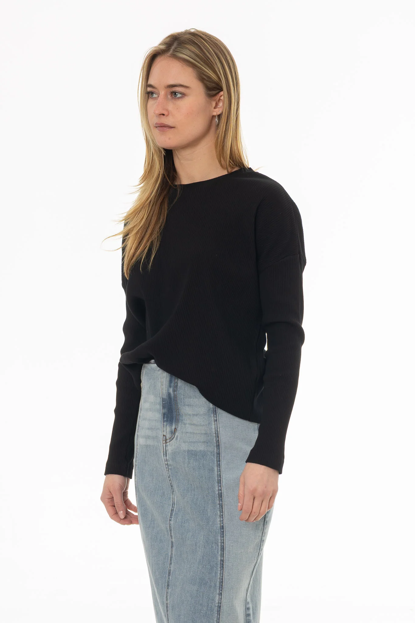 Black Ribbed Dolman Sleeve T-Shirt - Image 3