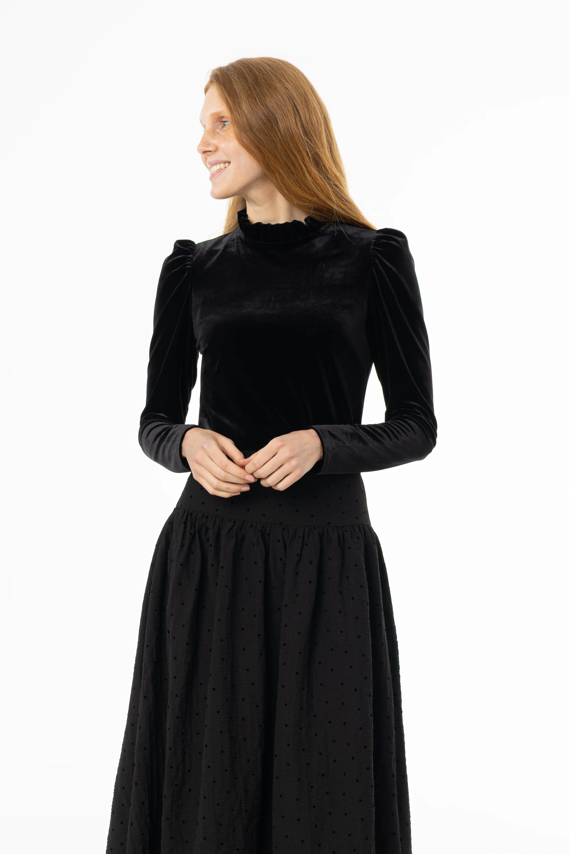Black Ruffle Collar Velvet Top - Image 5