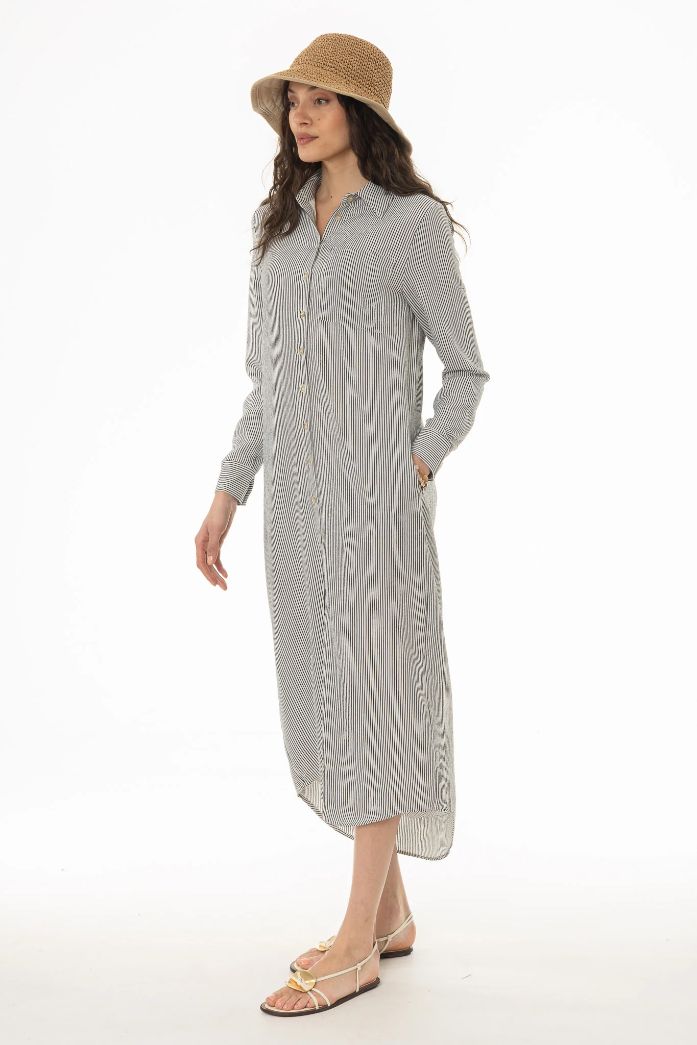 Black Seersucker Striped Maxi Shirt Dress - Image 3