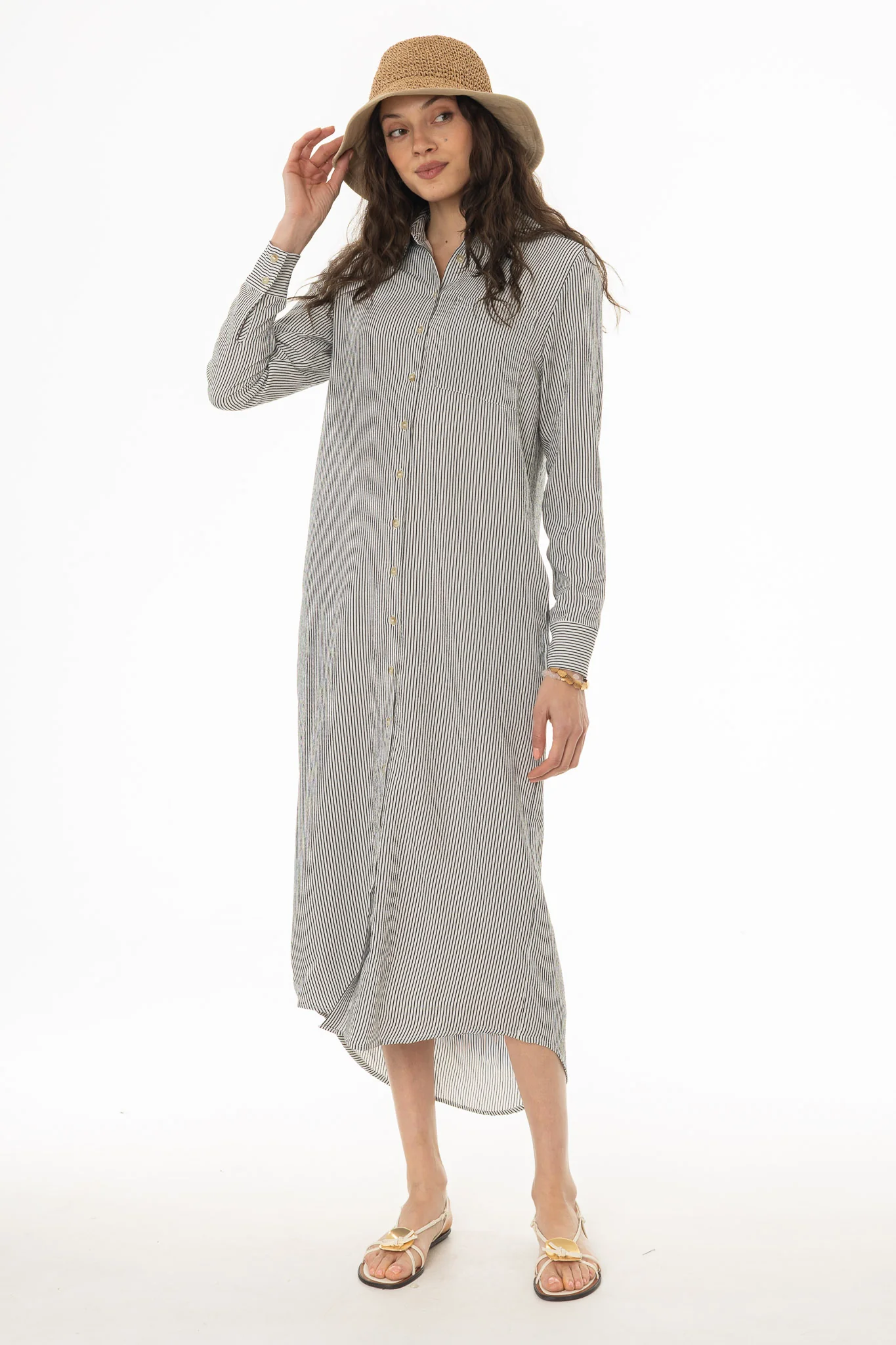 Black Seersucker Striped Maxi Shirt Dress - Image 5