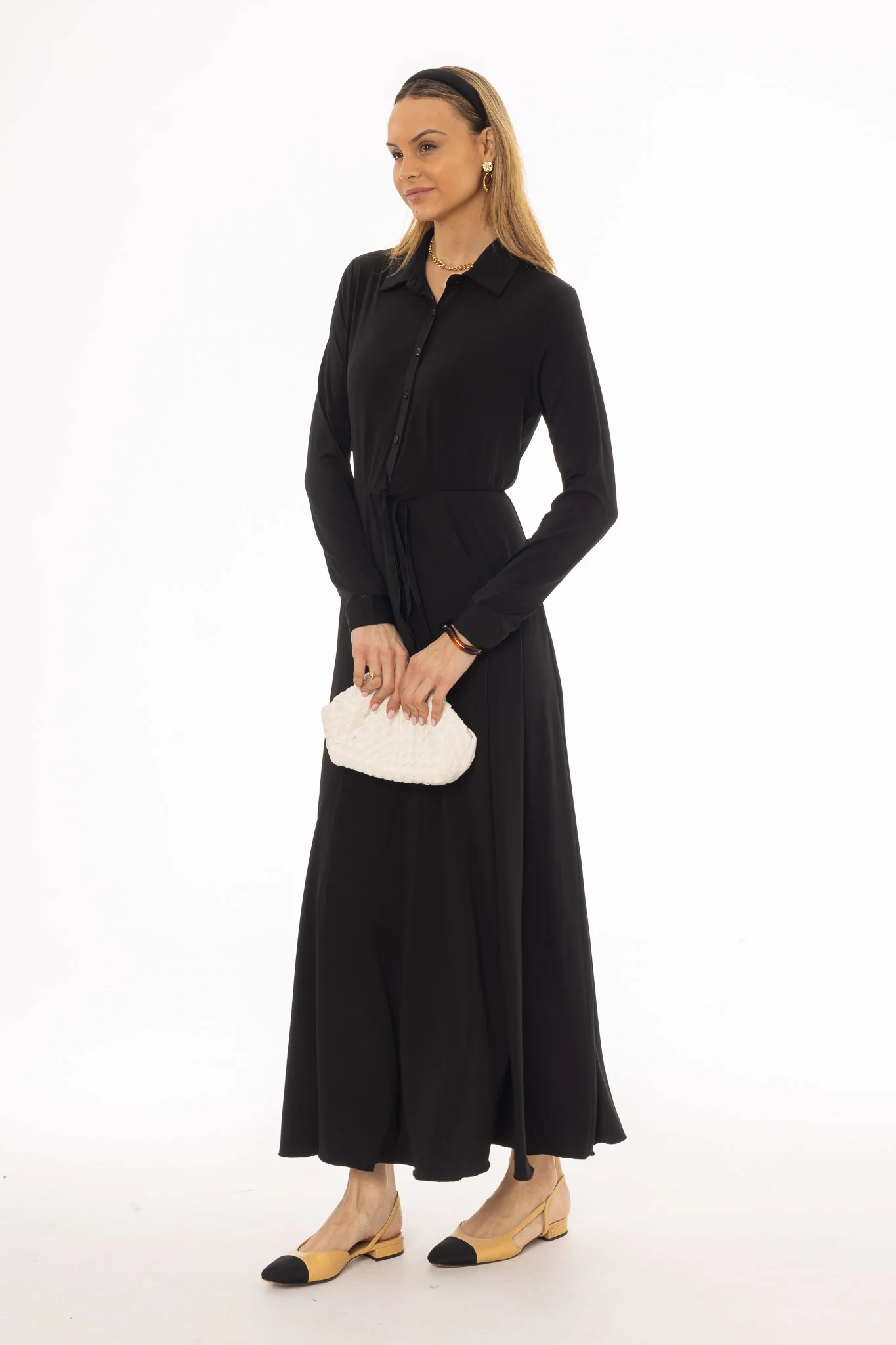 Black Slinky Button Tie Maxi Dress - Image 3