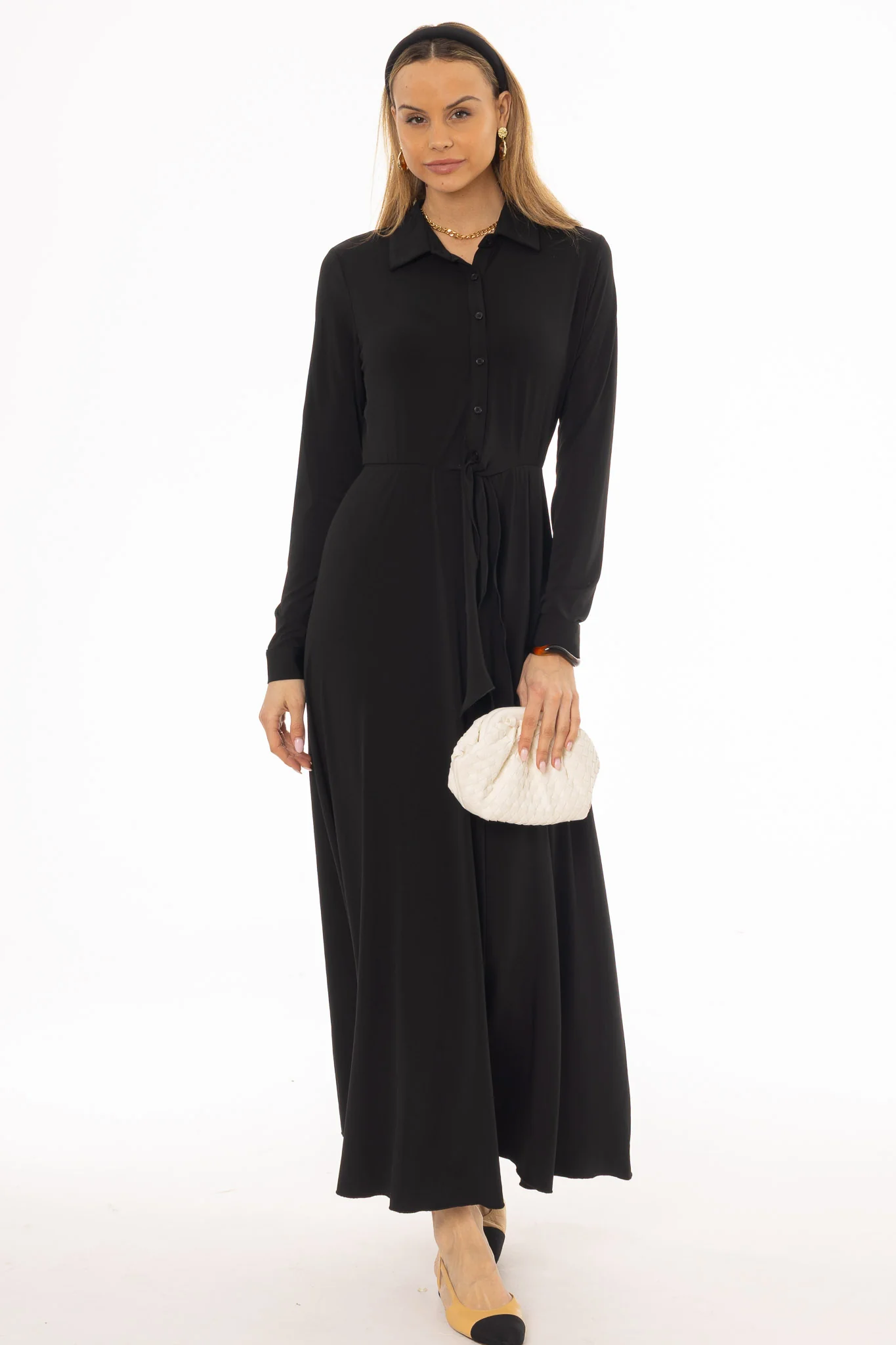 Black Slinky Button Tie Maxi Dress - Image 5