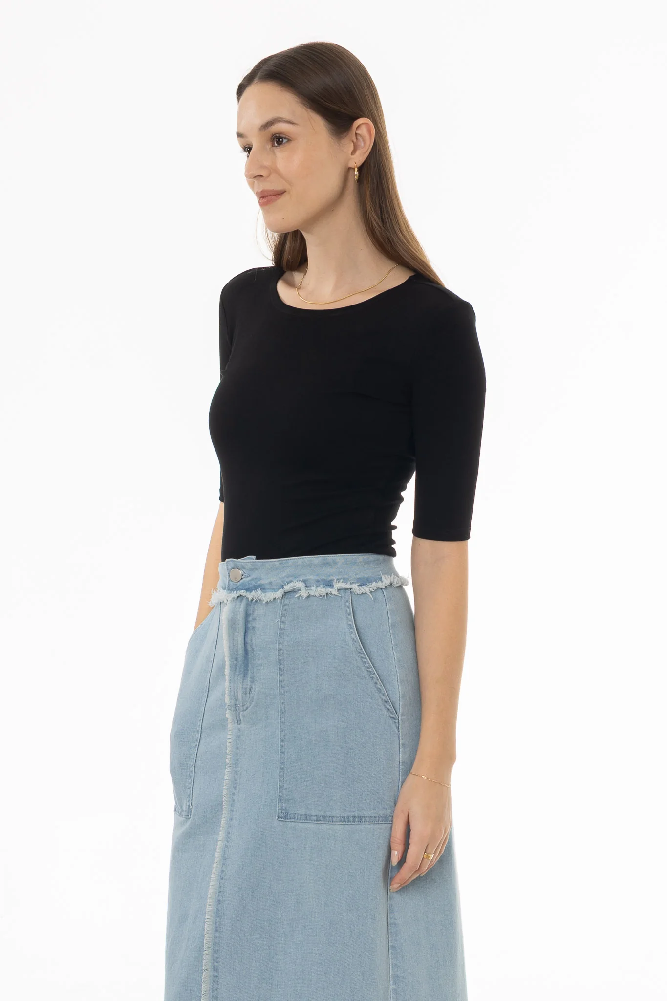 Black Solid Midi Sleeve Wider Neck Tee - Image 3