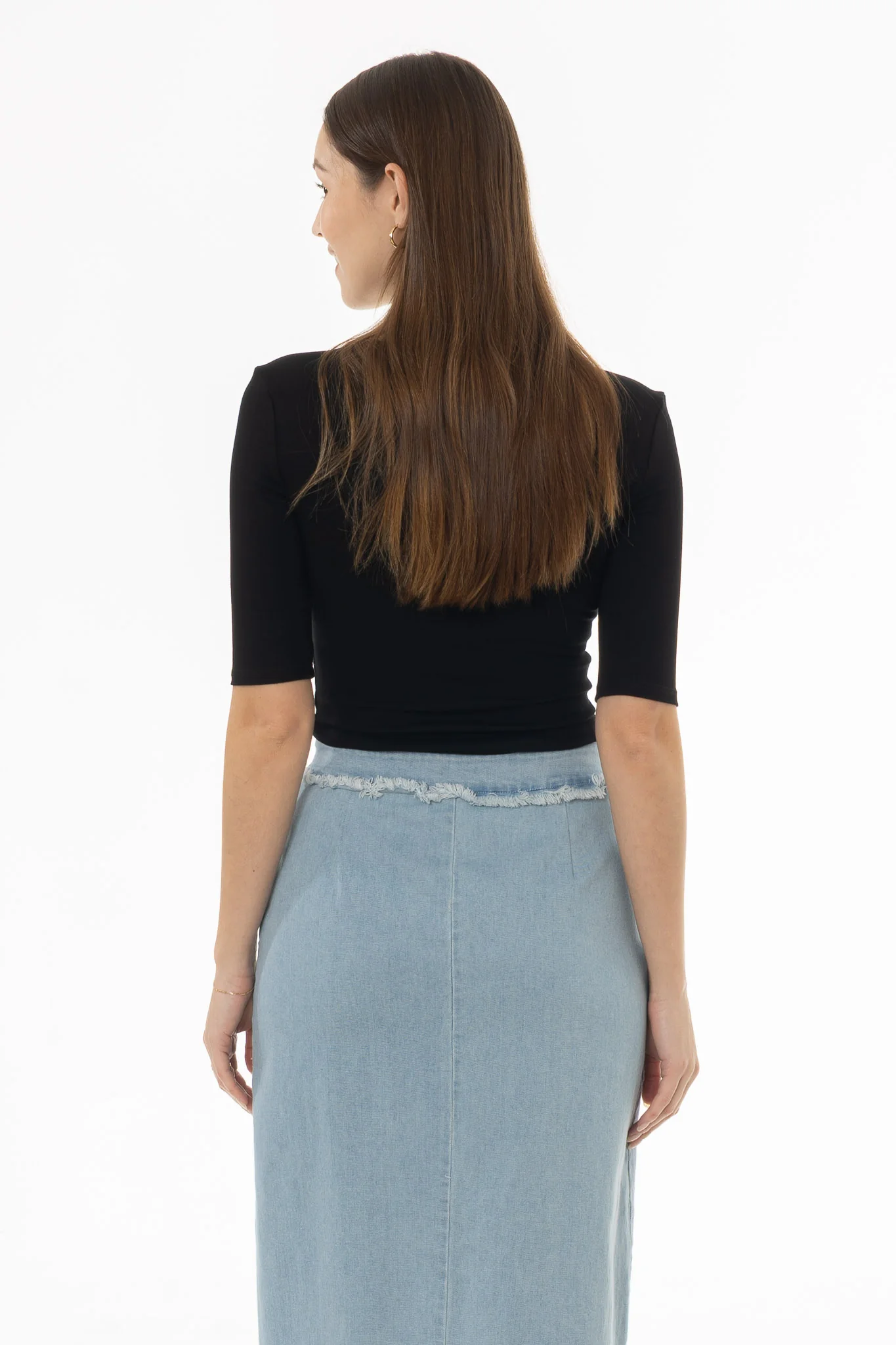 Black Solid Midi Sleeve Wider Neck Tee - Image 4