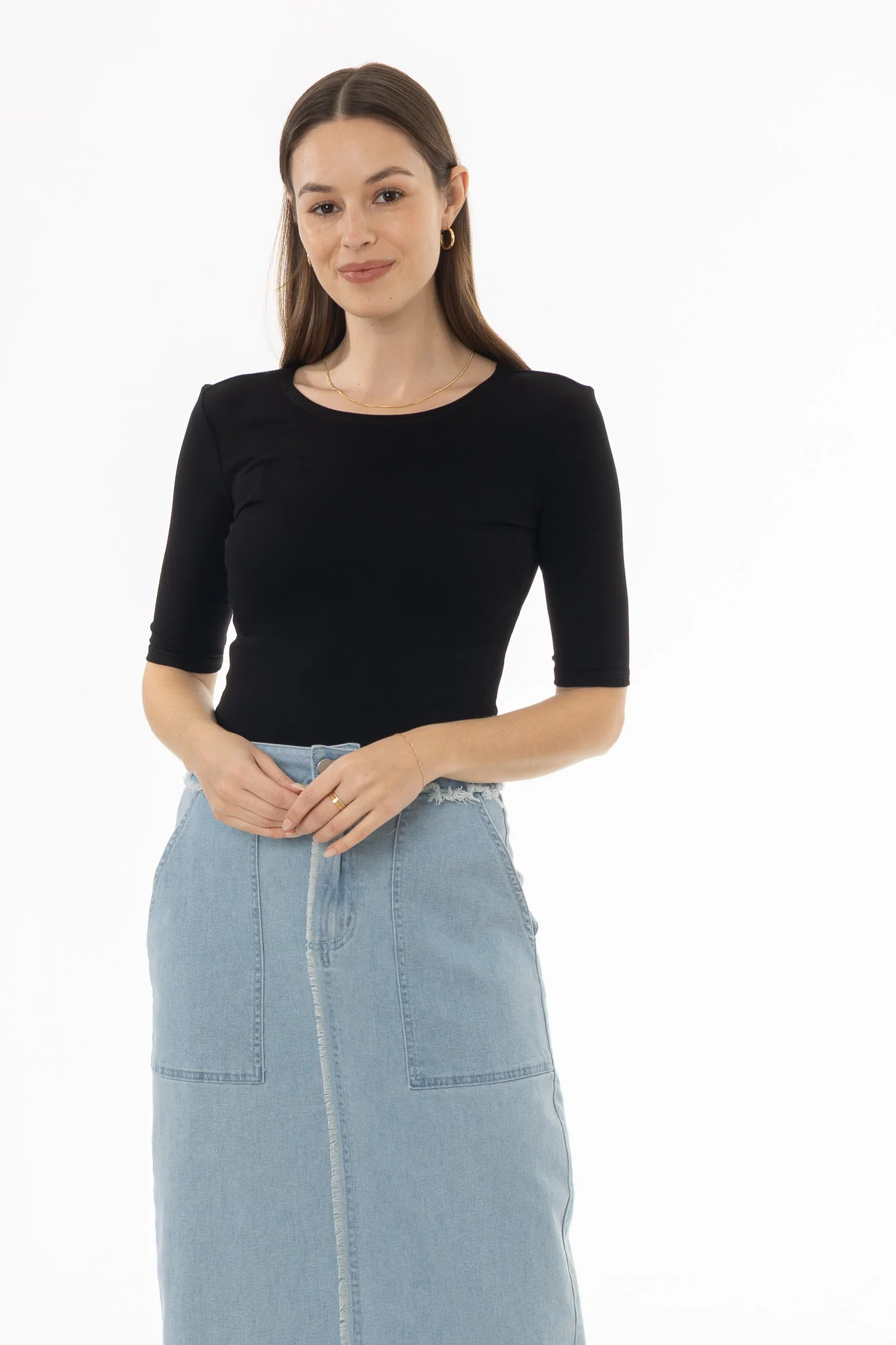 Black Solid Midi Sleeve Wider Neck Tee - Image 5