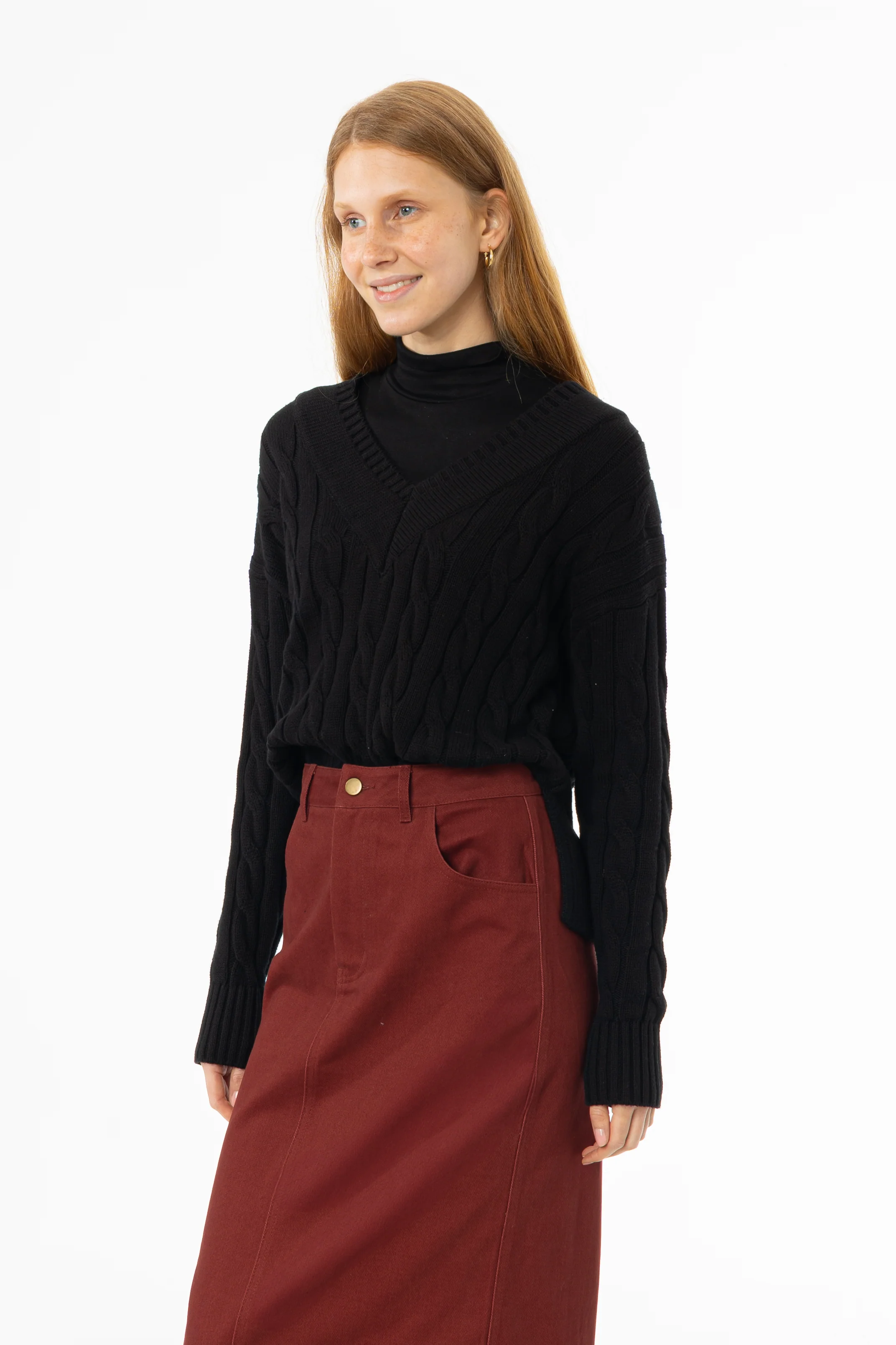 Black V-Neck Cable Knit Sweater - Image 2