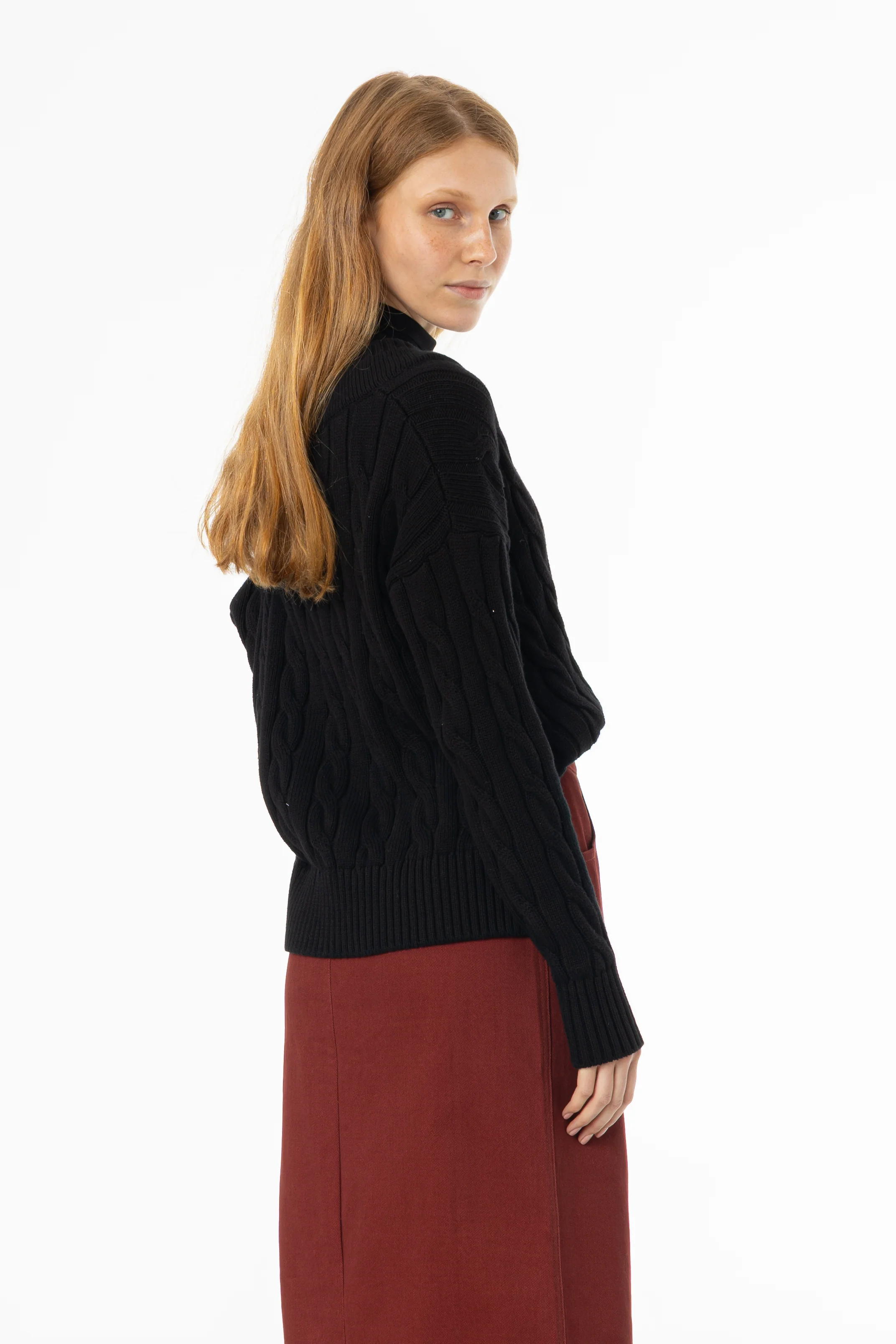 Black V-Neck Cable Knit Sweater - Image 3