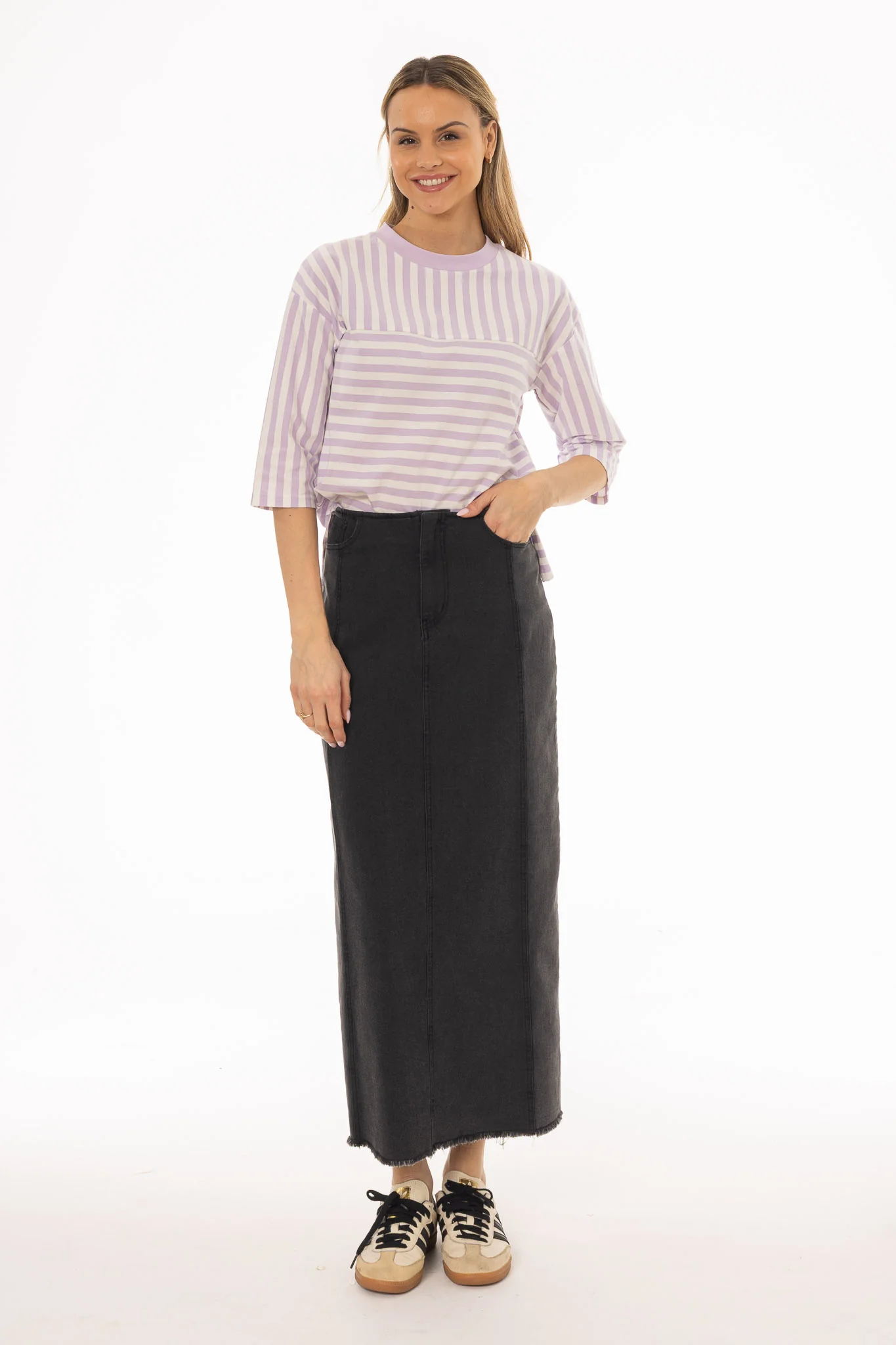 Black Wash Two Tone Denim Maxi Skirt - Image 5