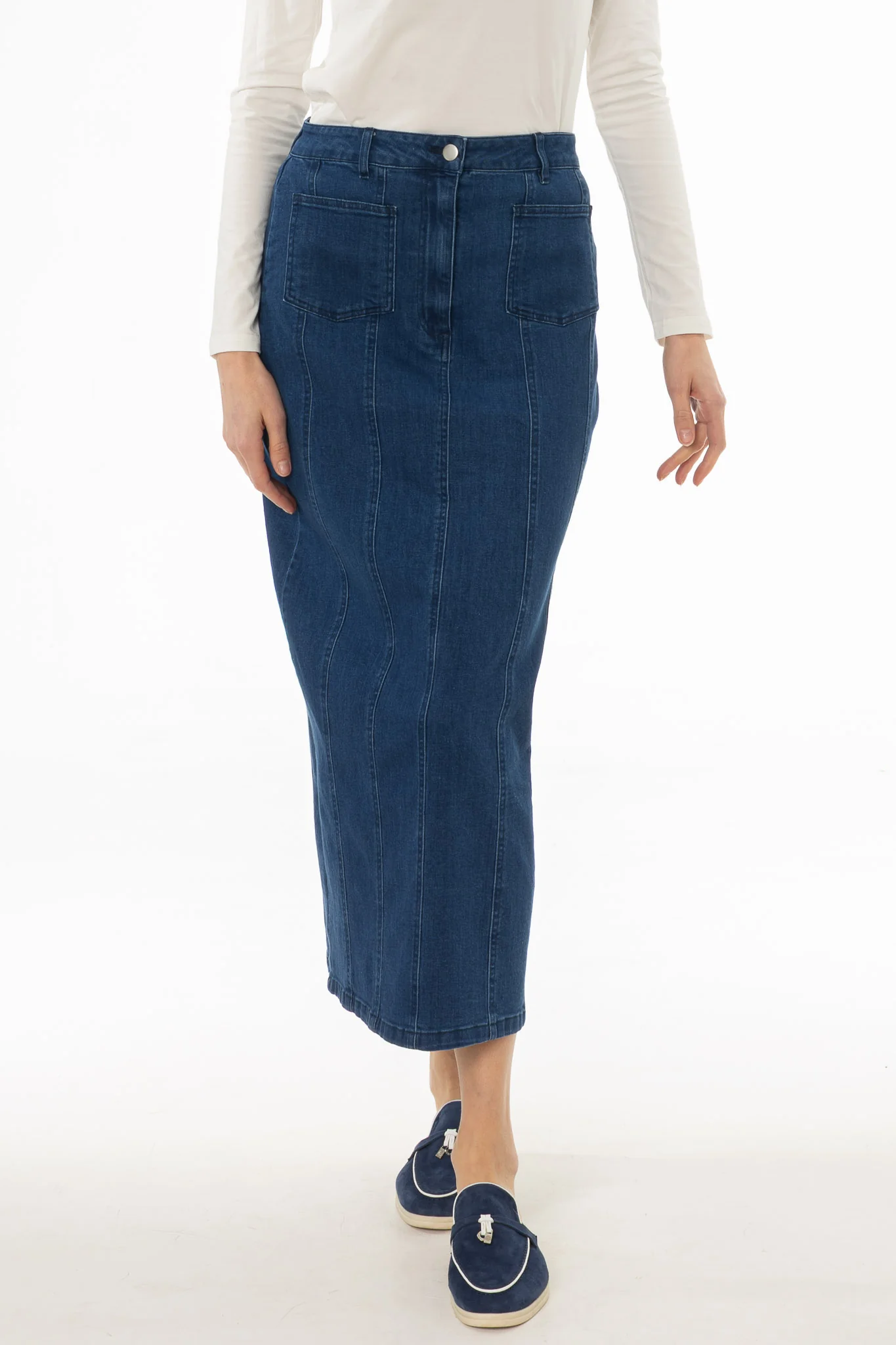 Blue Denim Pocket Seam Maxi Skirt - Image 2