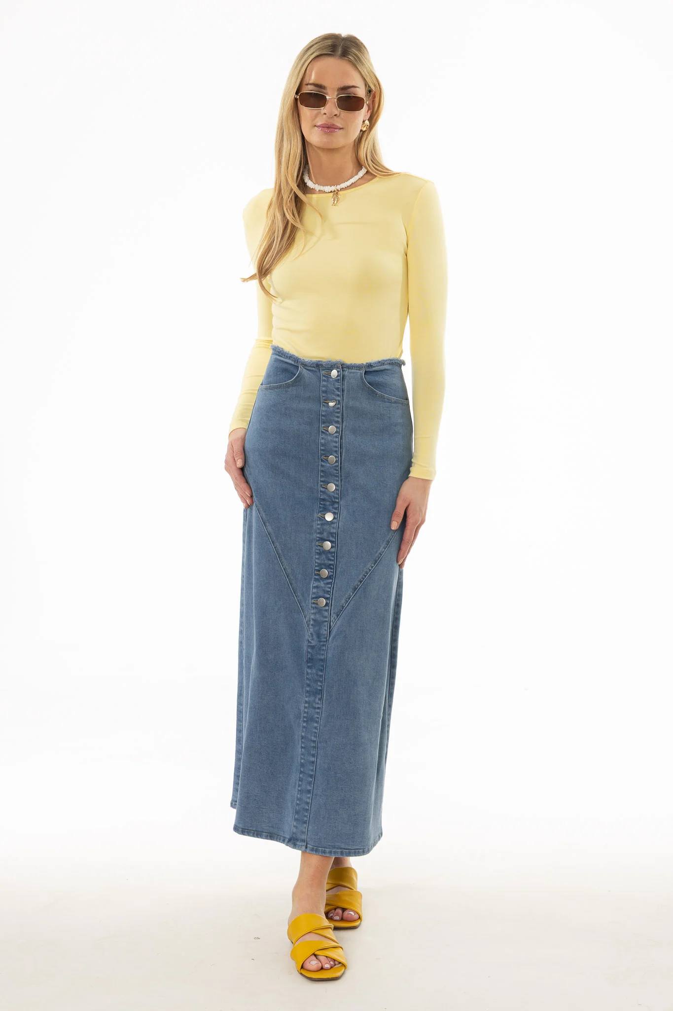 Blue Fringe Button Denim Maxi Skirt - Image 5
