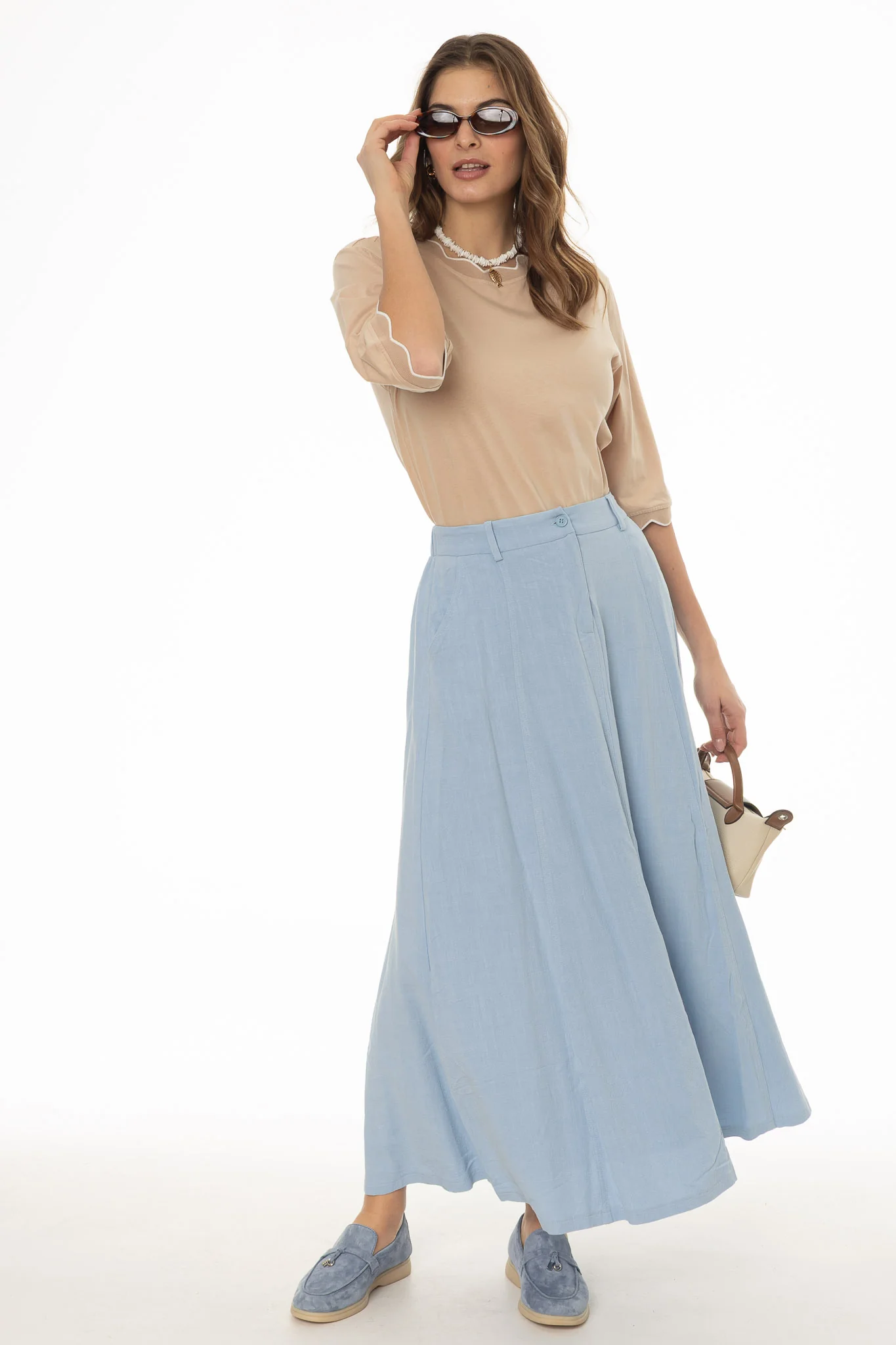 Blue Paneled Linen Feel Maxi Skirt