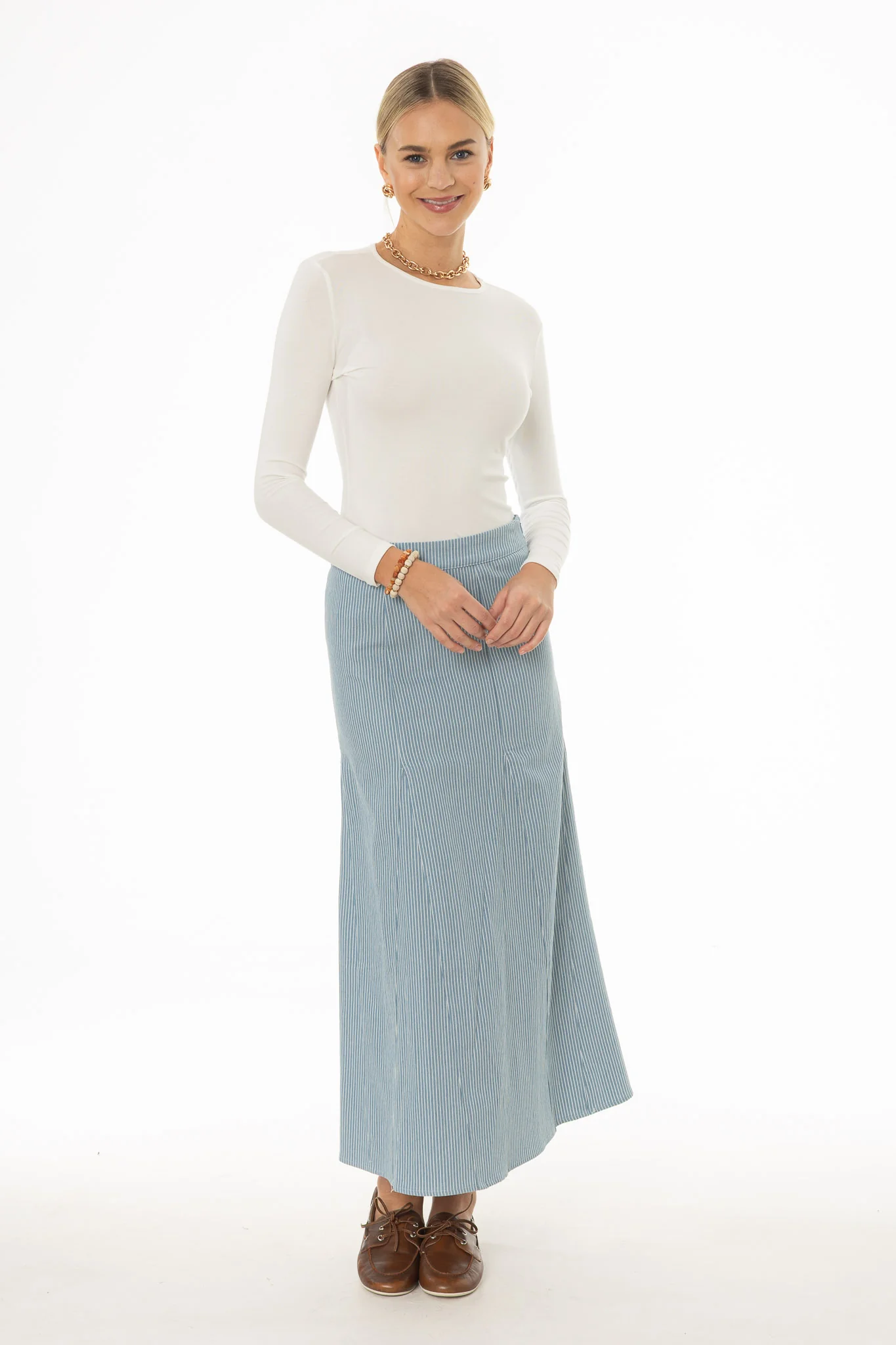 Blue Pinstripe Flare Maxi Skirt