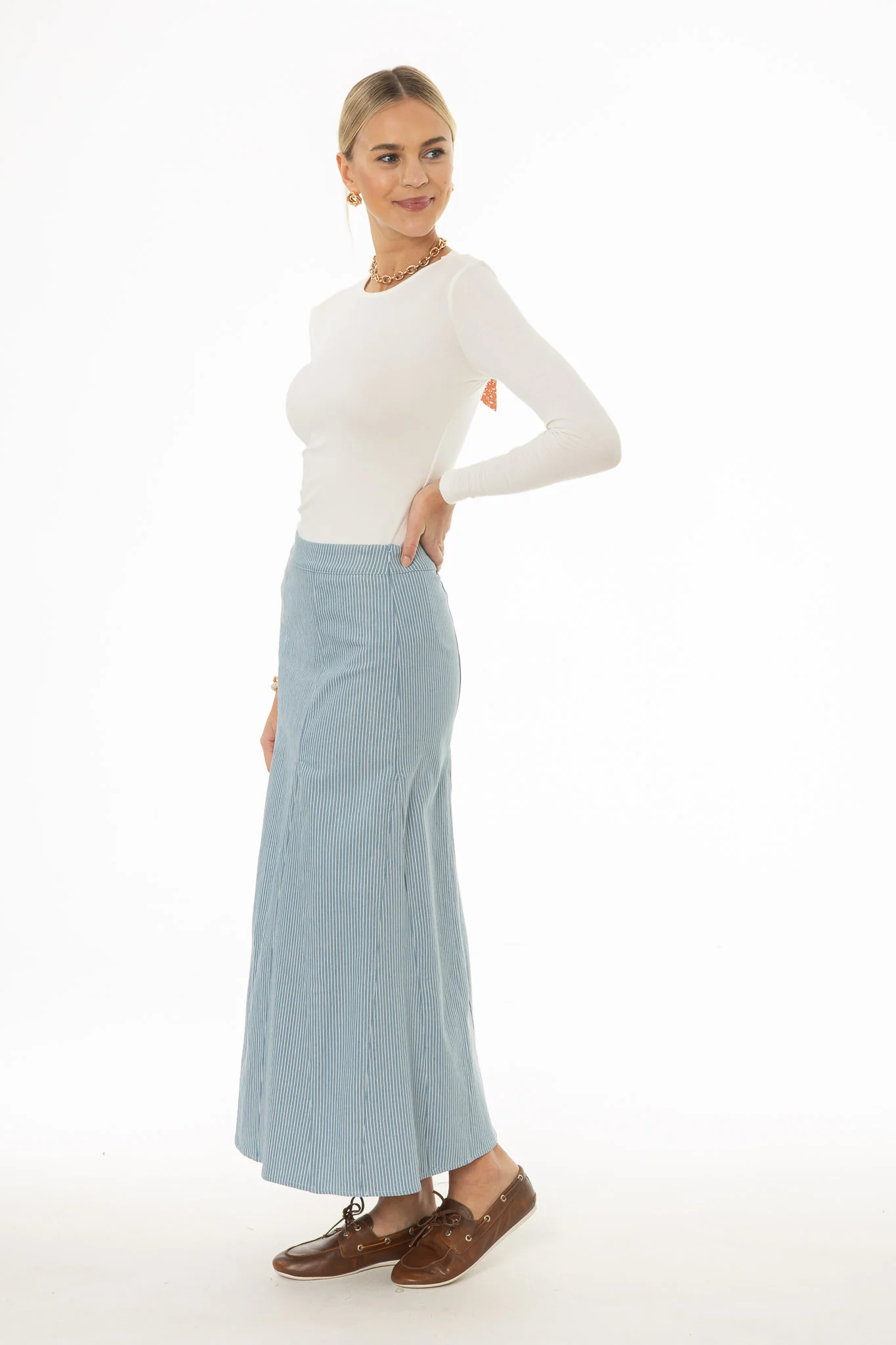 Blue Pinstripe Flare Maxi Skirt - Image 3