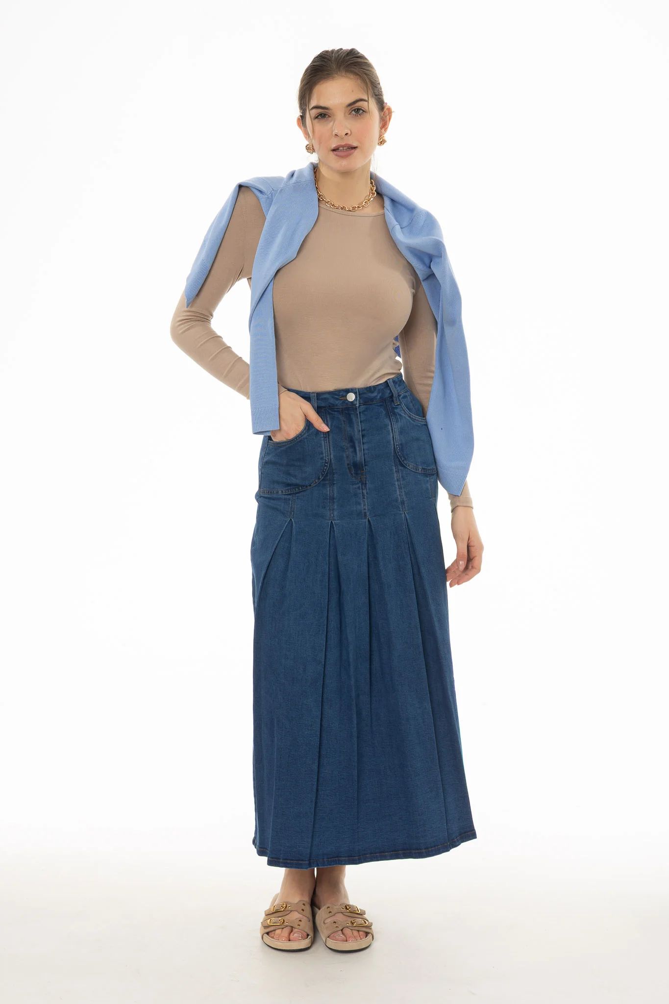 Blue Pocket Pleated Denim Skirt - Image 5