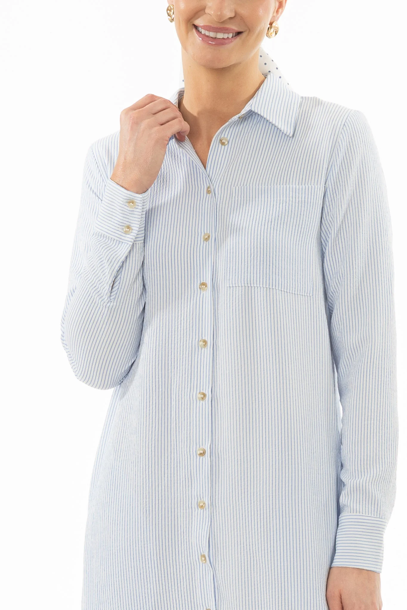 Blue Seersucker Striped Maxi Shirt Dress - Image 2