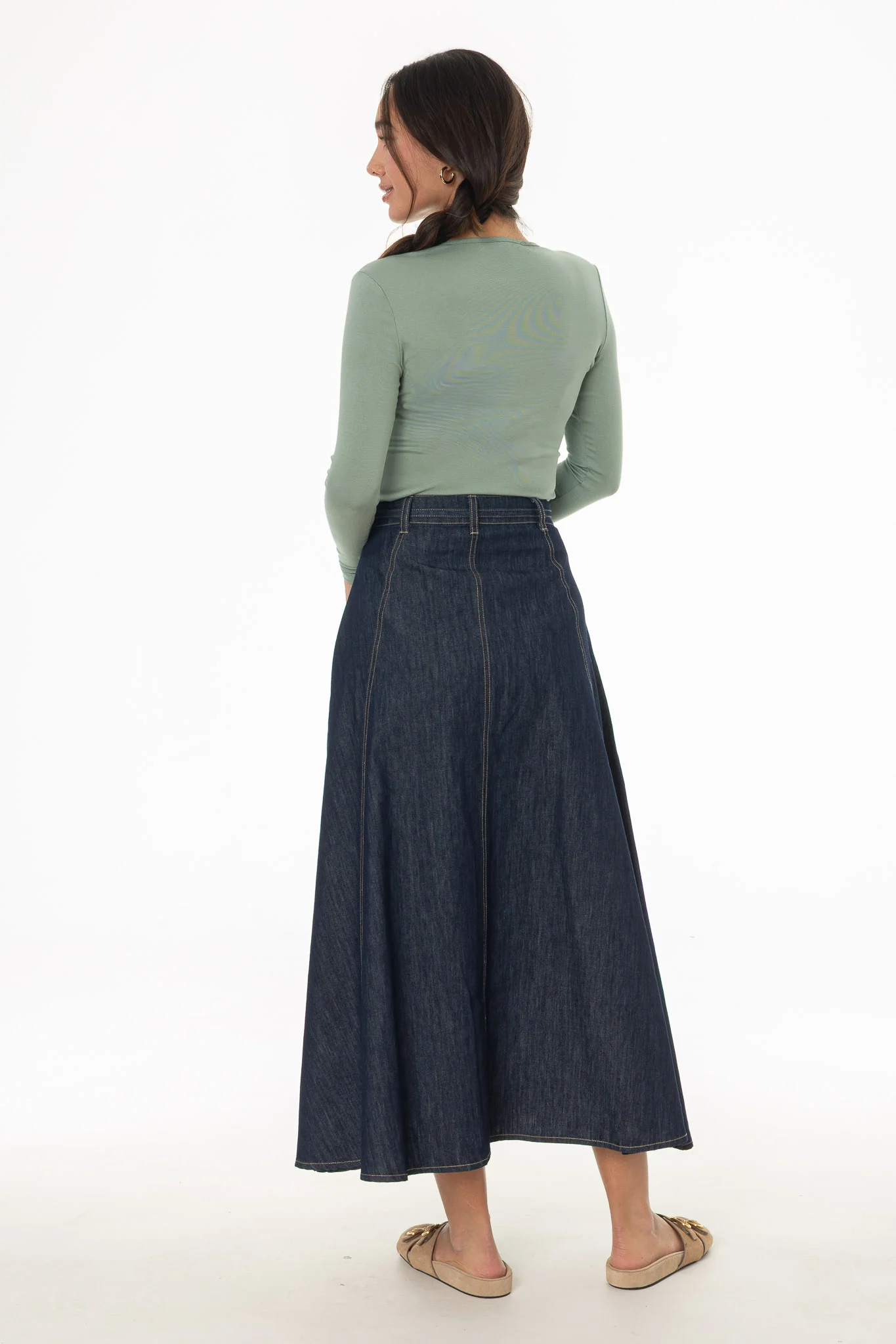 Blue Stitched Denim Flare Maxi Skirt - Image 4