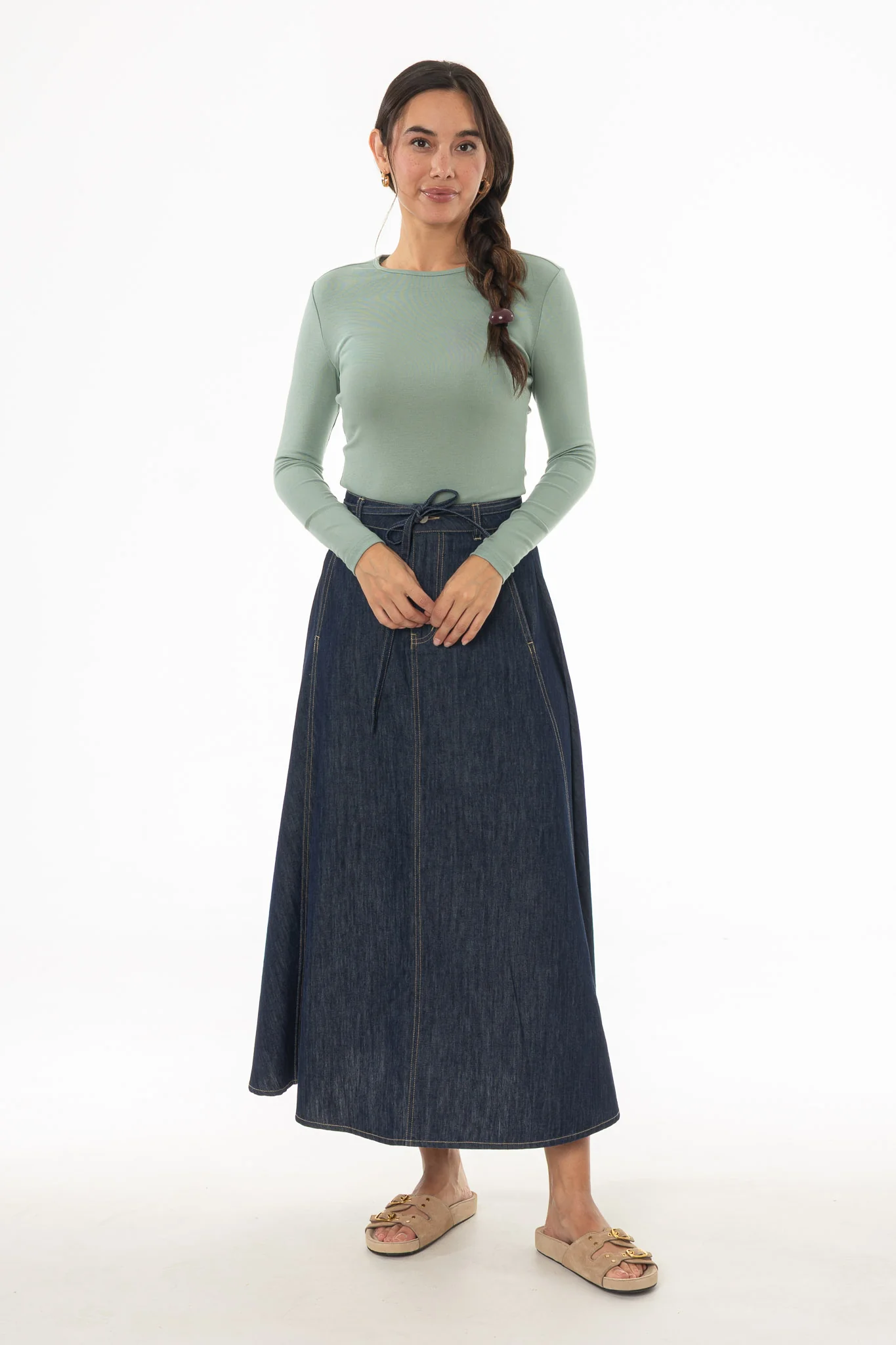 Blue Stitched Denim Flare Maxi Skirt - Image 5