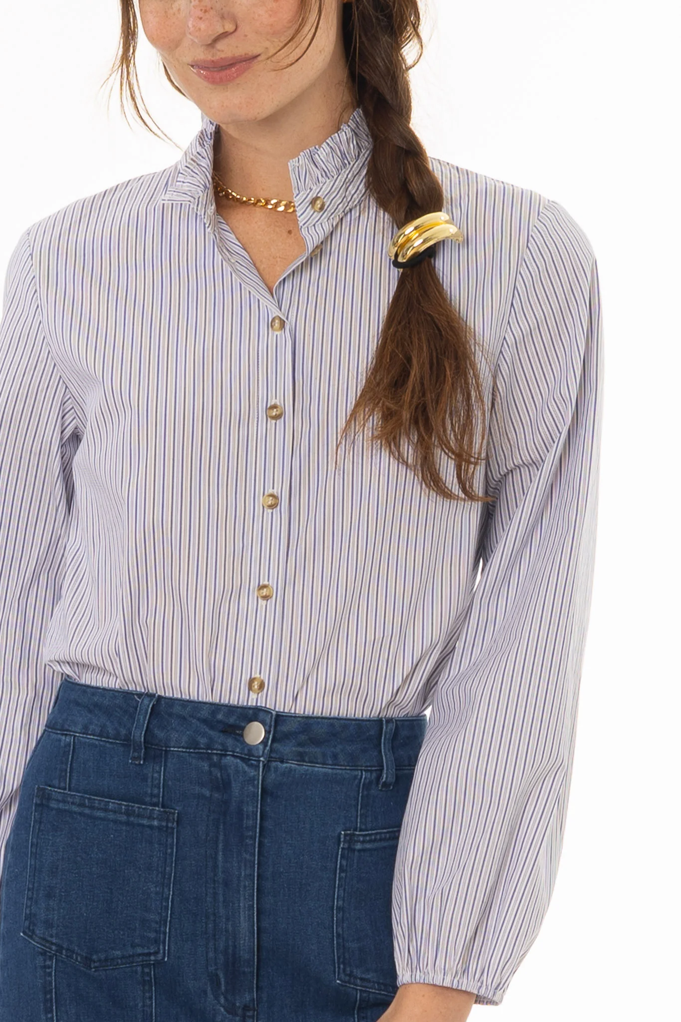 Blue Stripe Ruffle Collar Blouse - Image 2