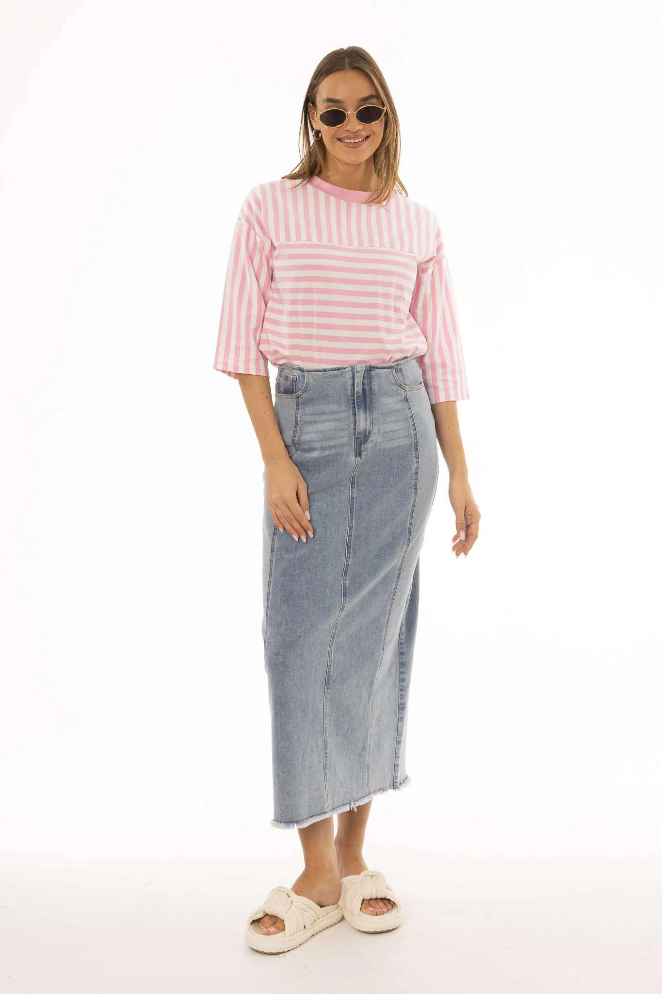 Blue Wash Two Tone Denim Maxi Skirt - Image 4