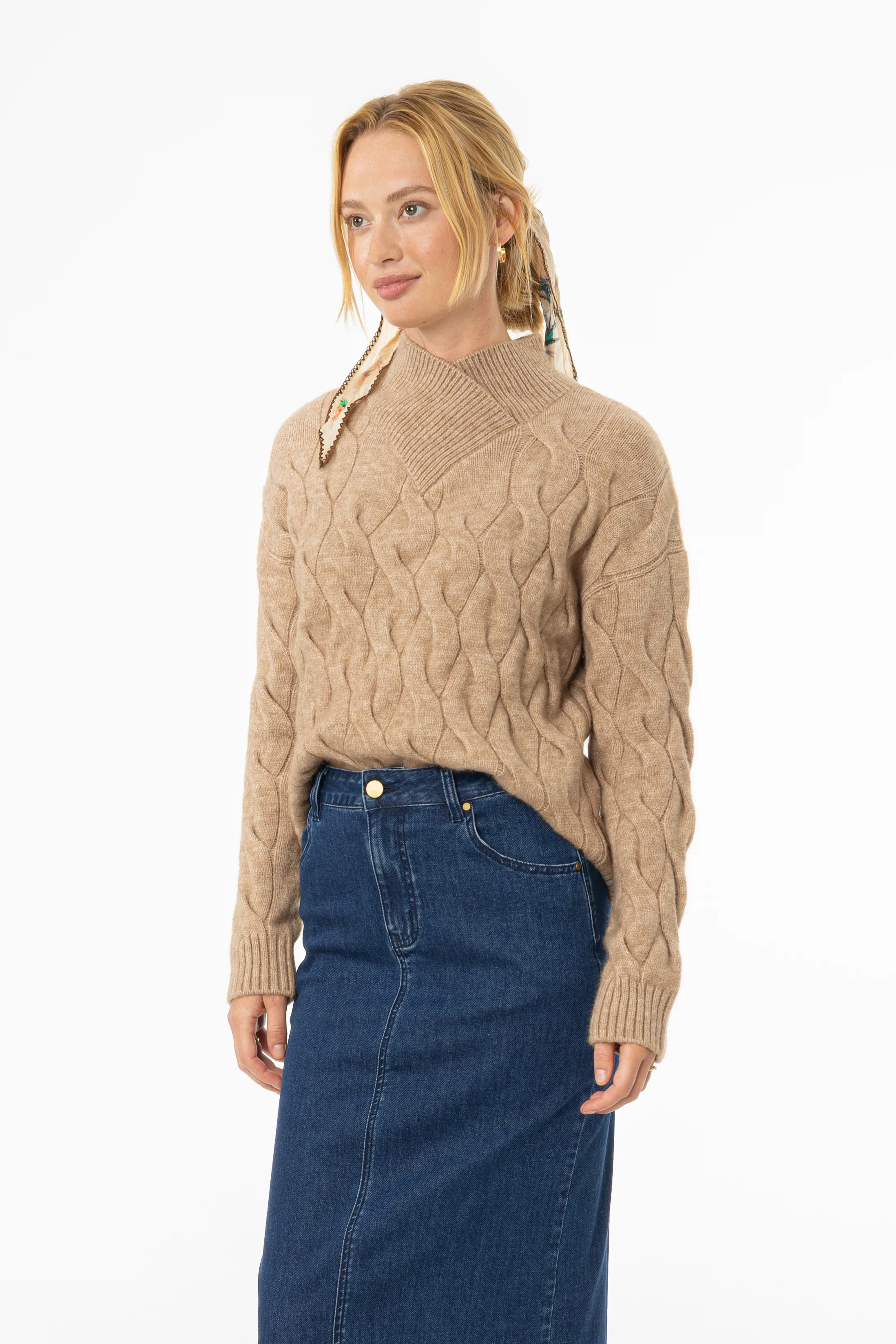 Brown Collar Detail Cable Knit Sweater - Image 3