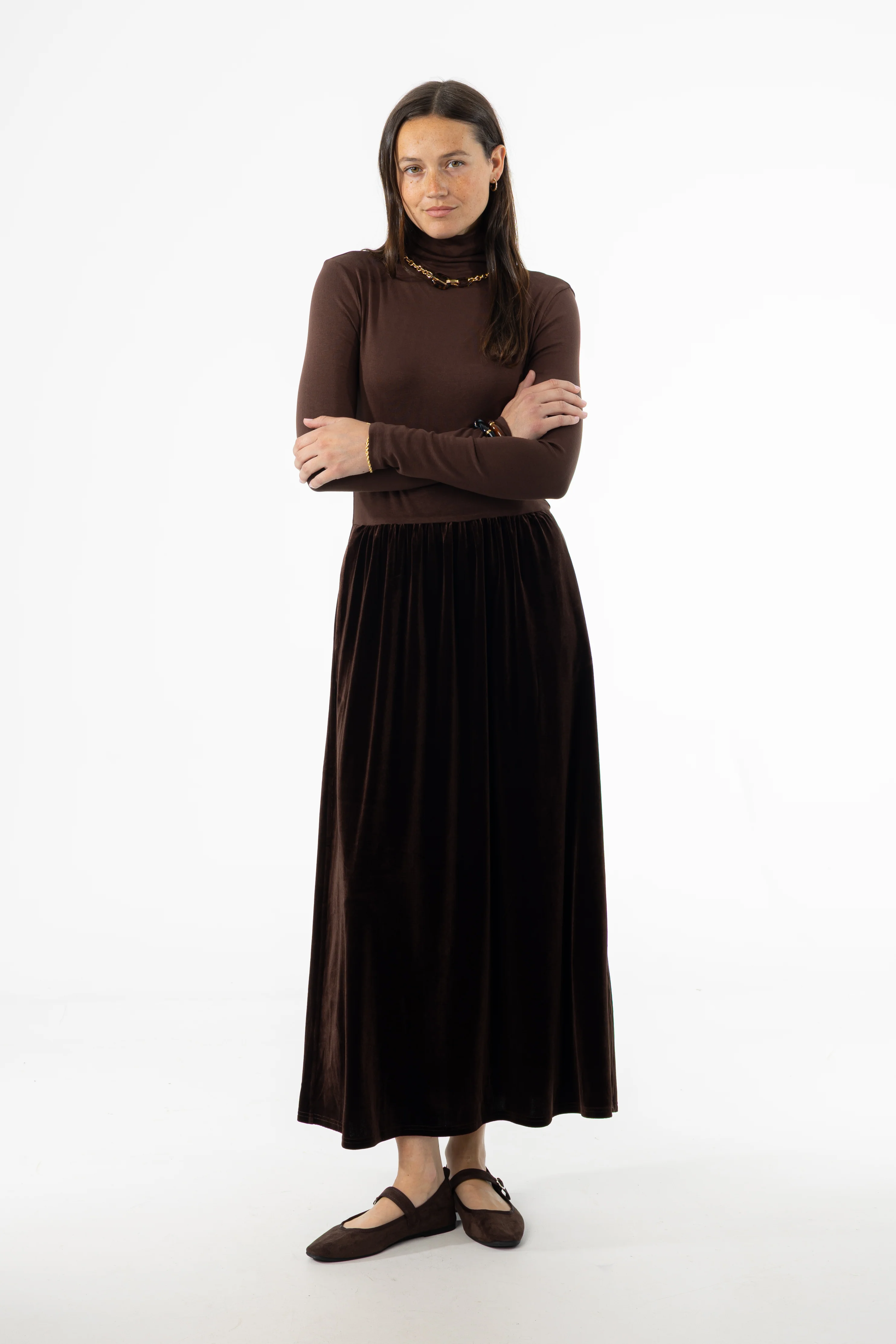 Brown Combo Velour Mock Neck Dress - Image 4