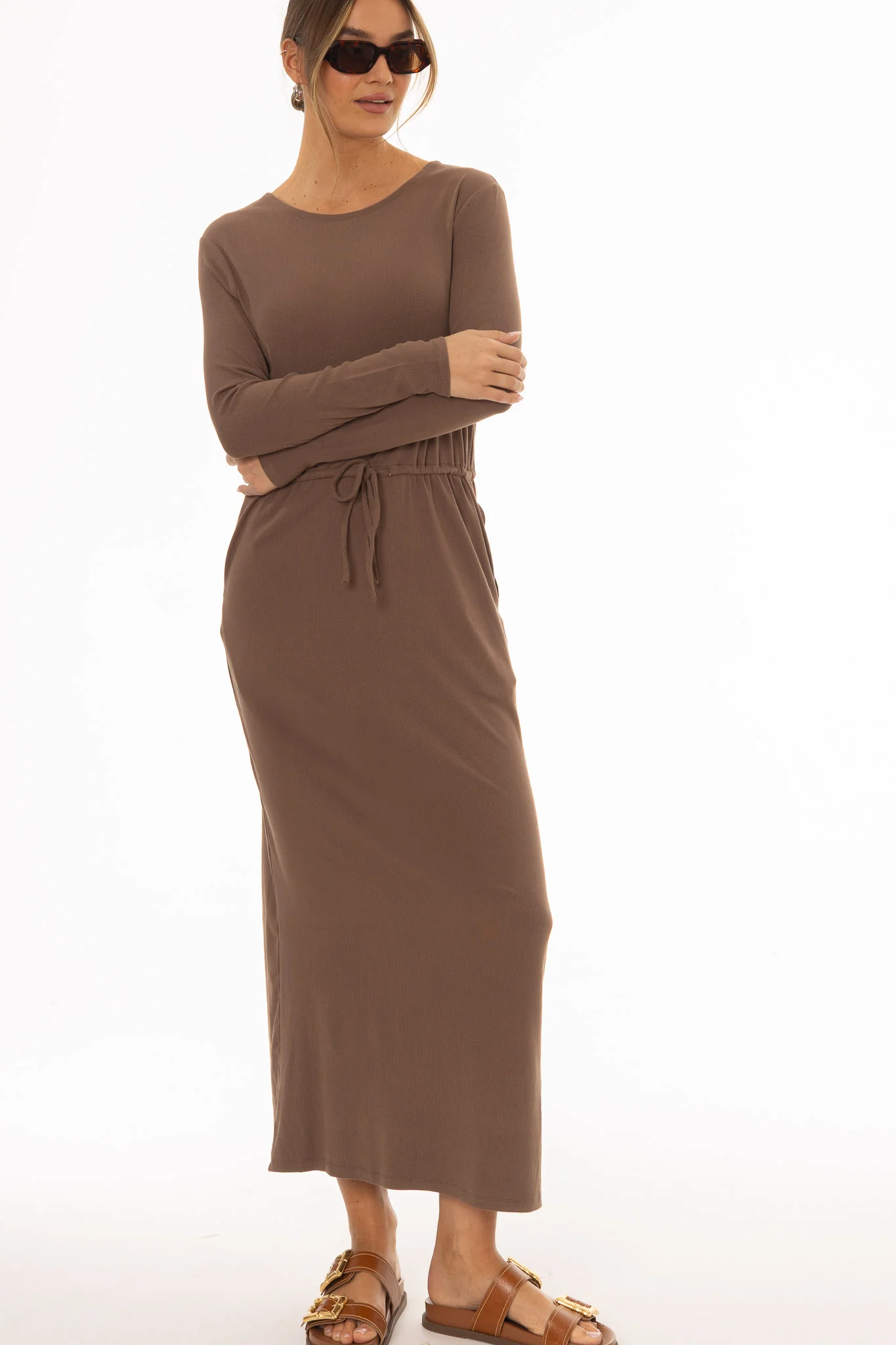 Brown Drawstring Maxi Dress