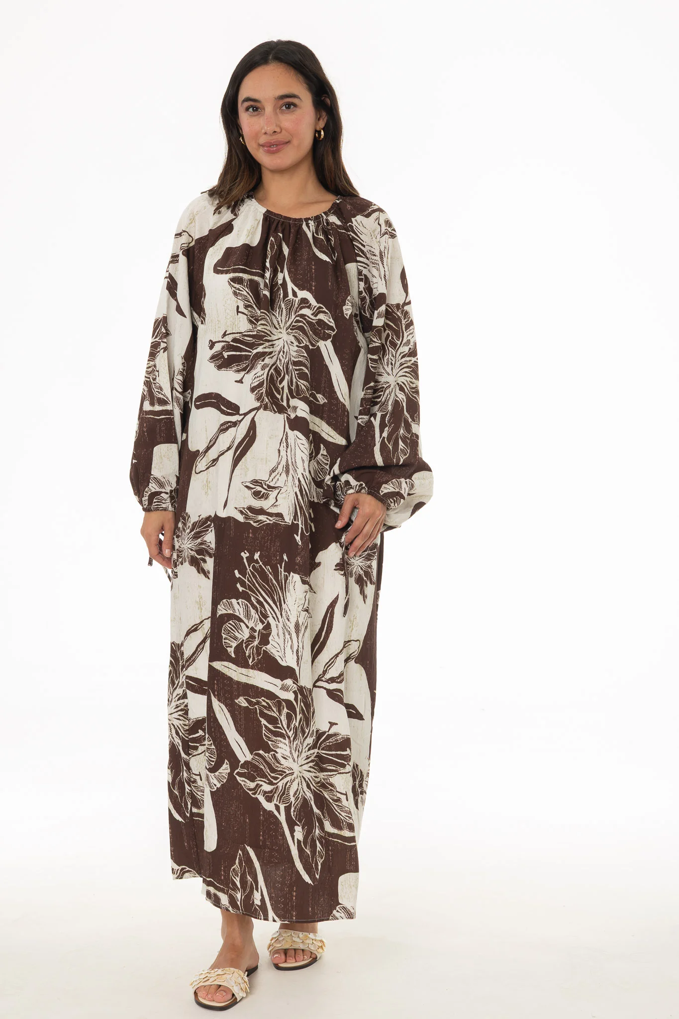 Brown Floral Balloon Sleeve Oversized Maxi Dress