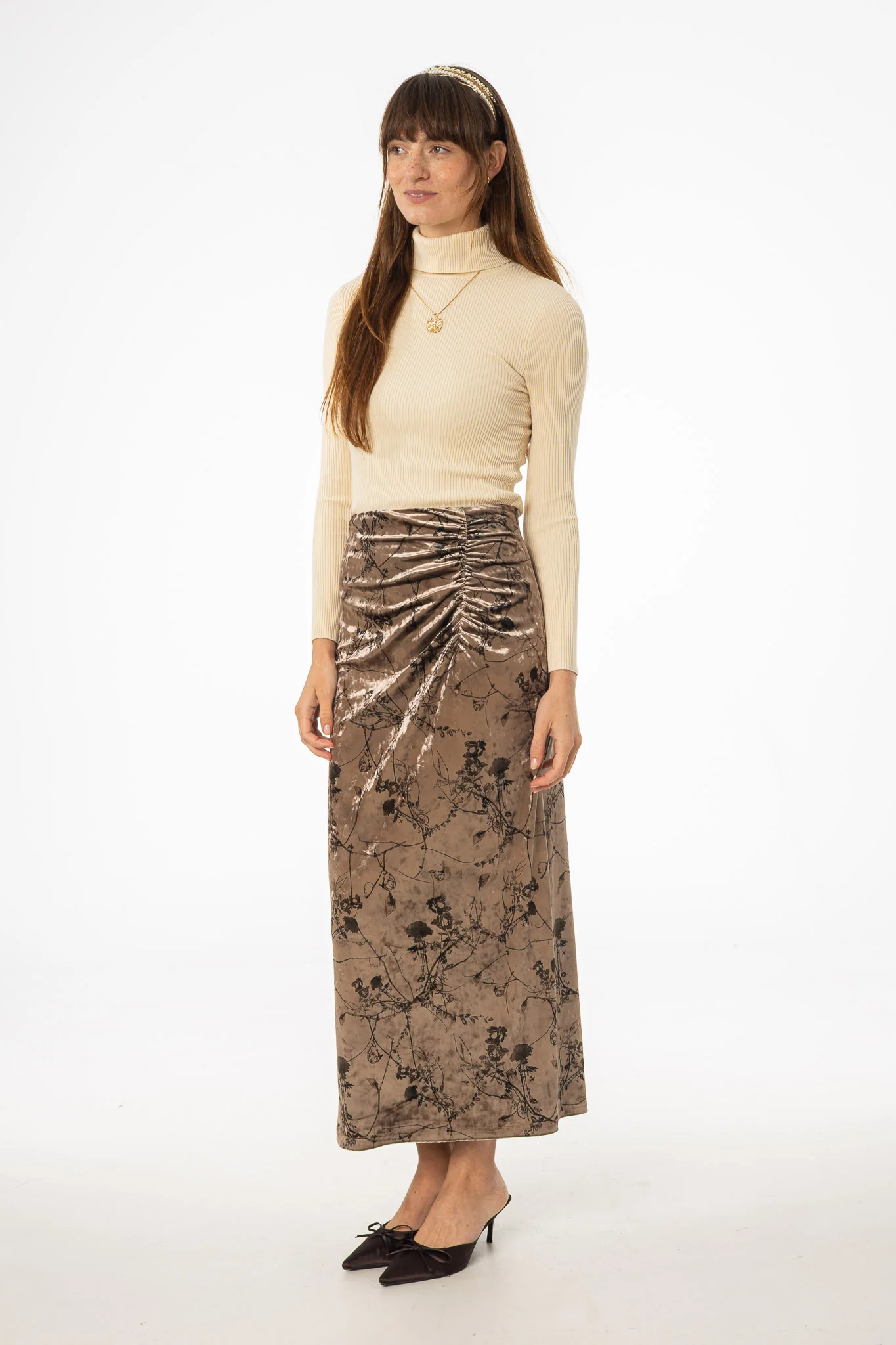 Brown Floral Crushed Velvet Skirt - Image 3